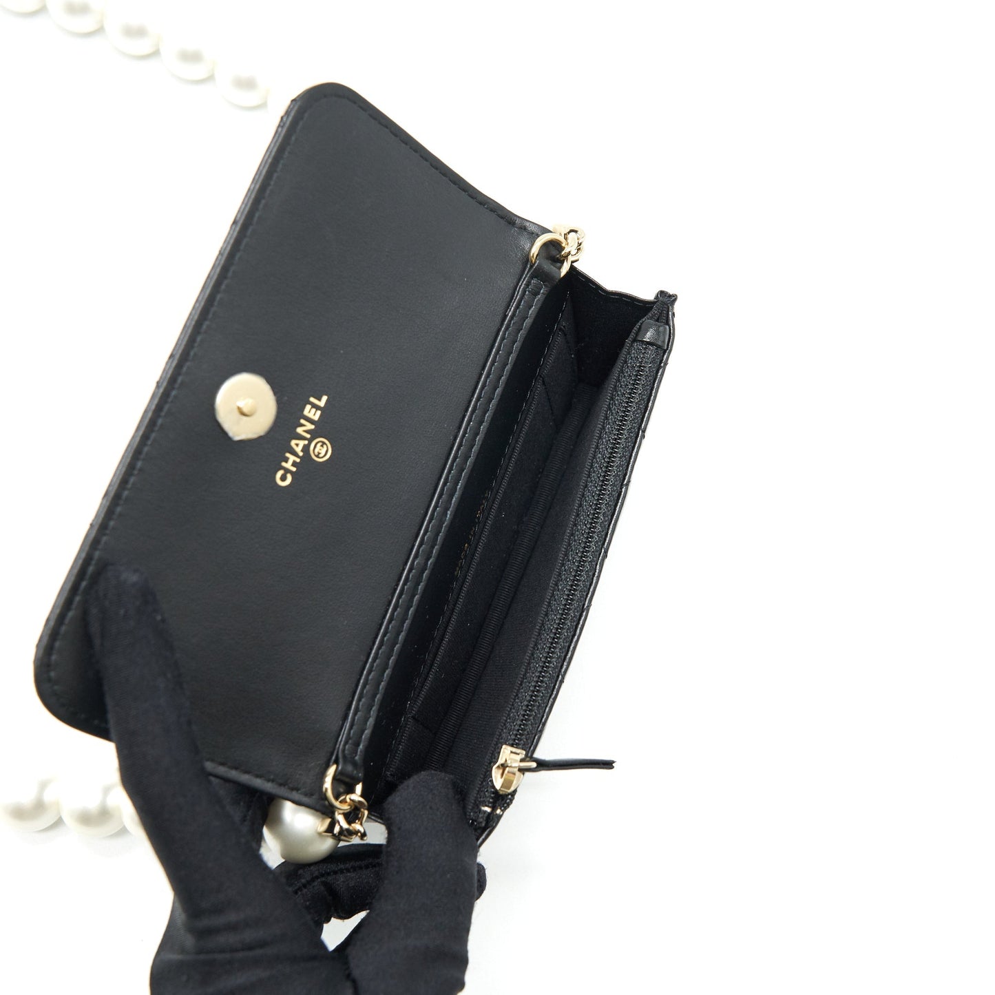 Chanel Giant Pearl Clutch with Chain Calfskin Black L