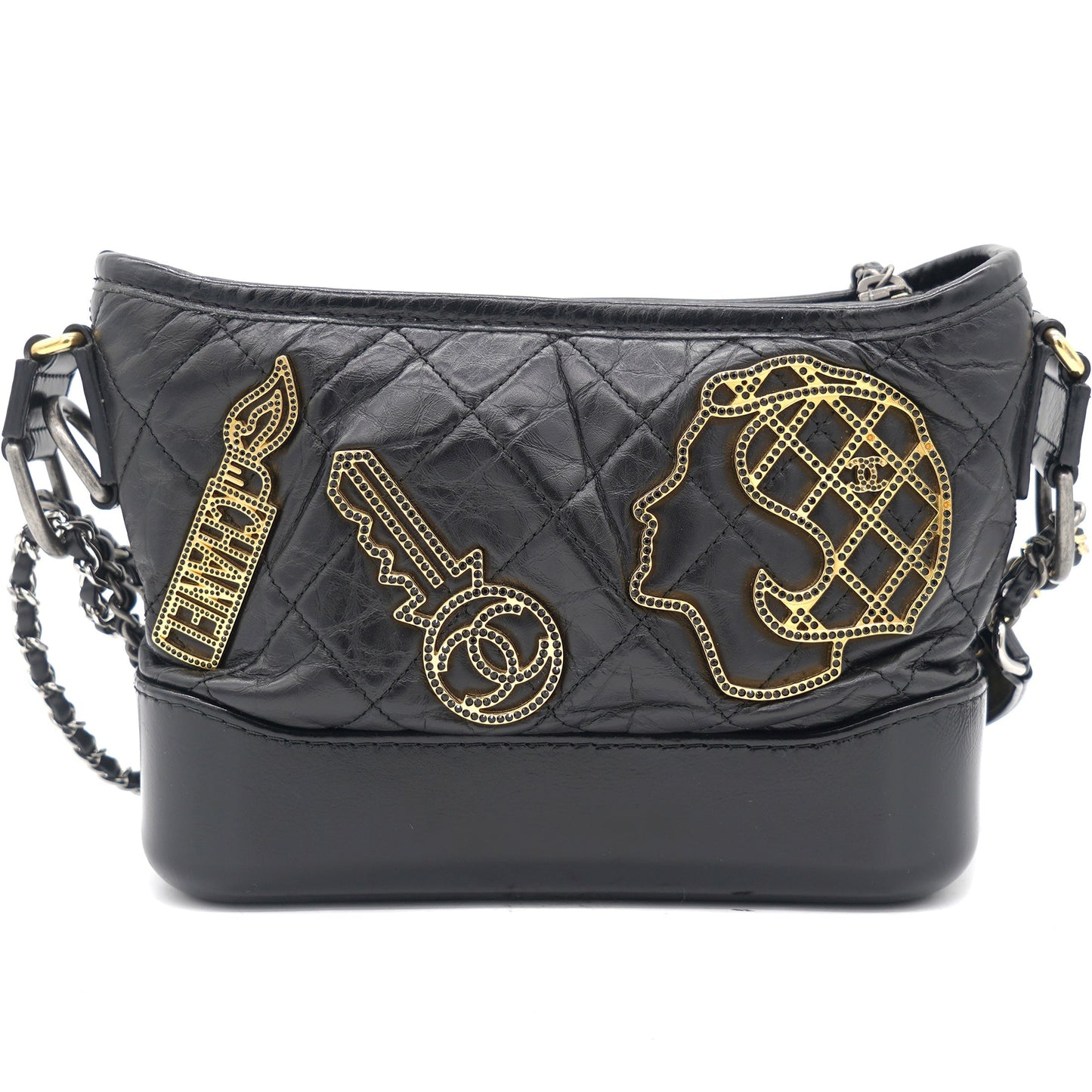 Chanel Black Aged Calfskin Quilted Charms Small Gabrielle Bag