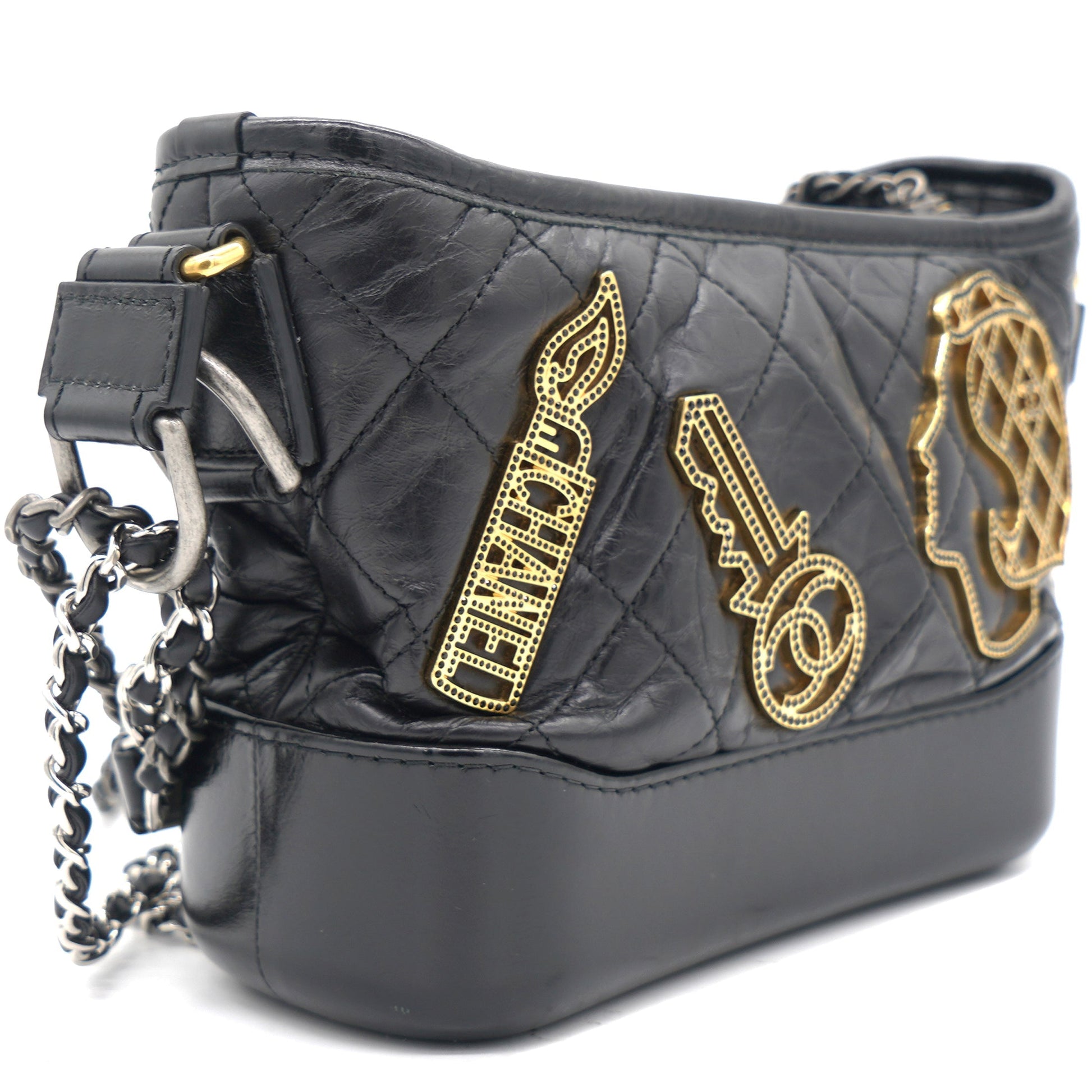 Chanel Black Aged Calfskin Quilted Charms Small Gabrielle Bag