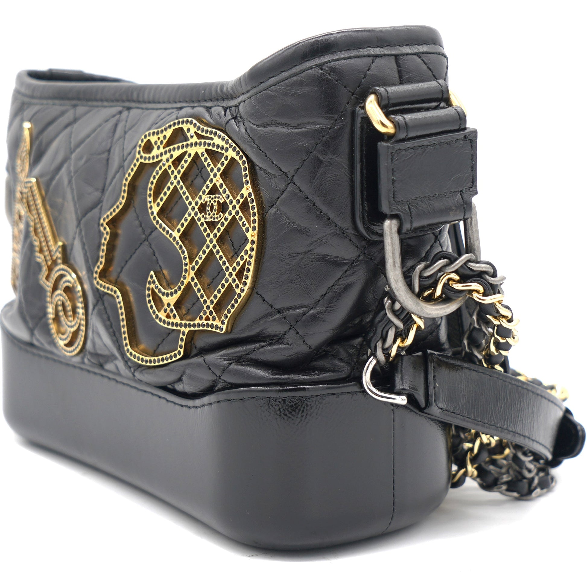 Chanel Black Aged Calfskin Quilted Charms Small Gabrielle Bag