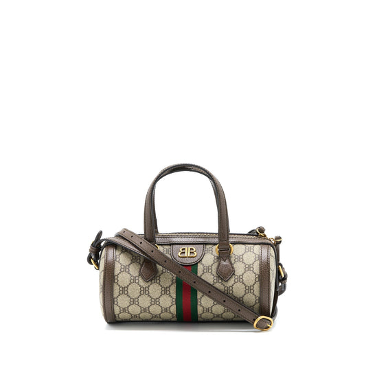 Balenciaga X Gucci Bowling Purse Canvas/Leather Brown Brushed