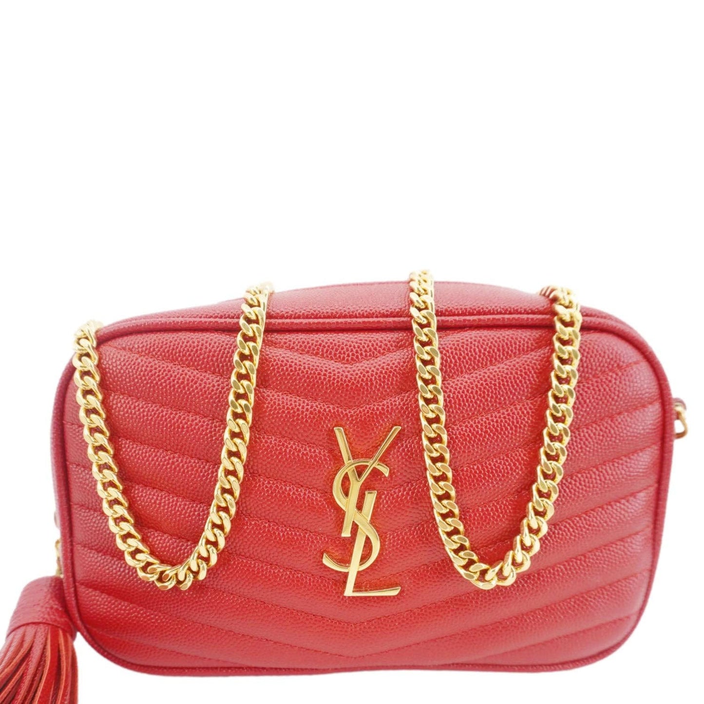 SAINT LAURENT Lou Small Chevron Leather Camera Crossbody Bag Red