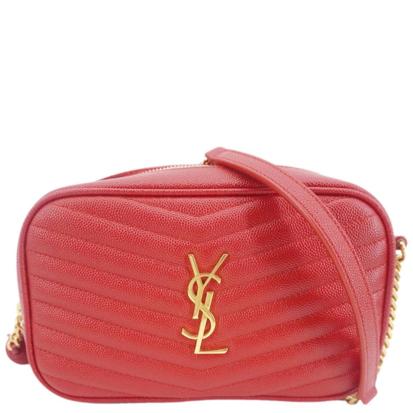 SAINT LAURENT Lou Small Chevron Leather Camera Crossbody Bag Red