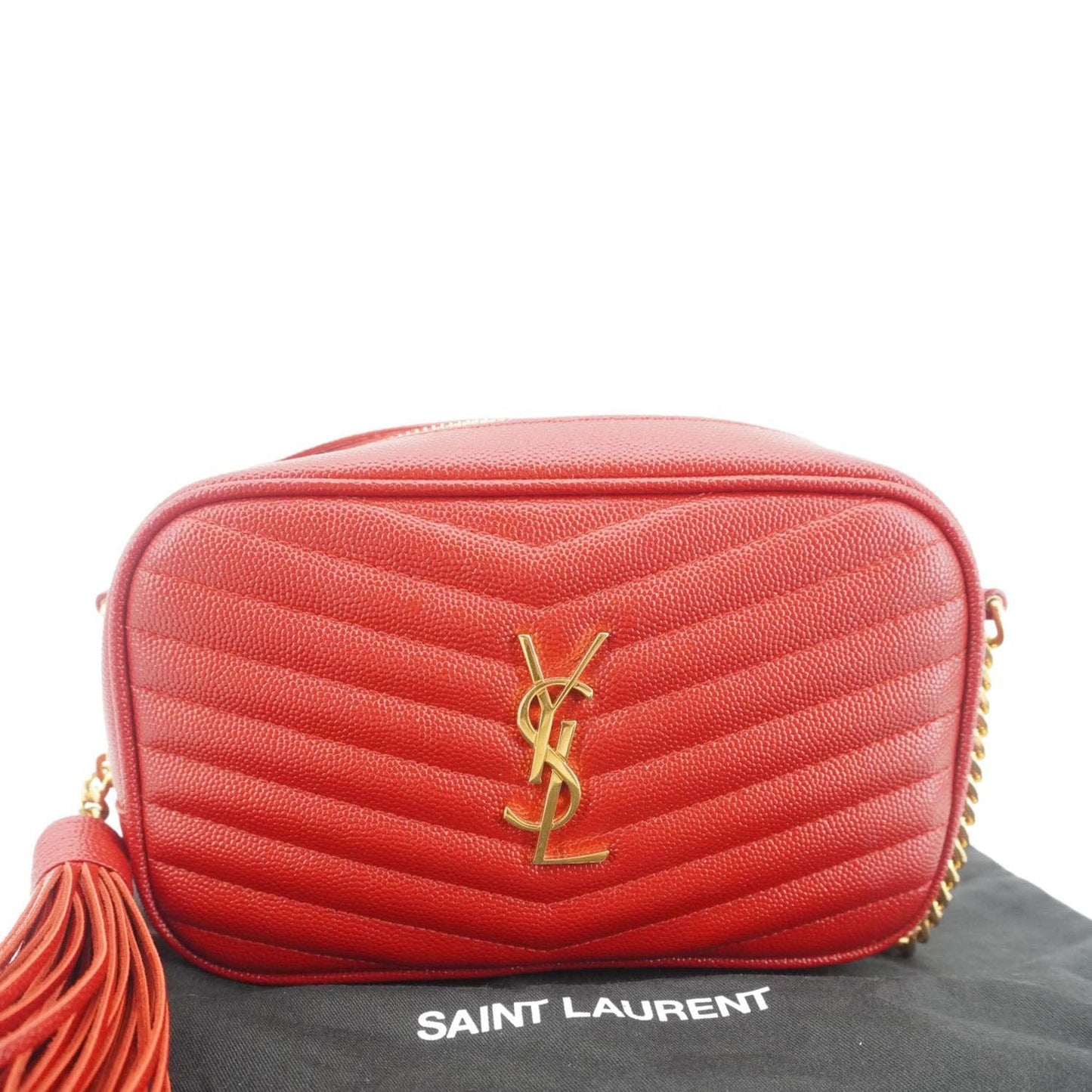 SAINT LAURENT Lou Small Chevron Leather Camera Crossbody Bag Red