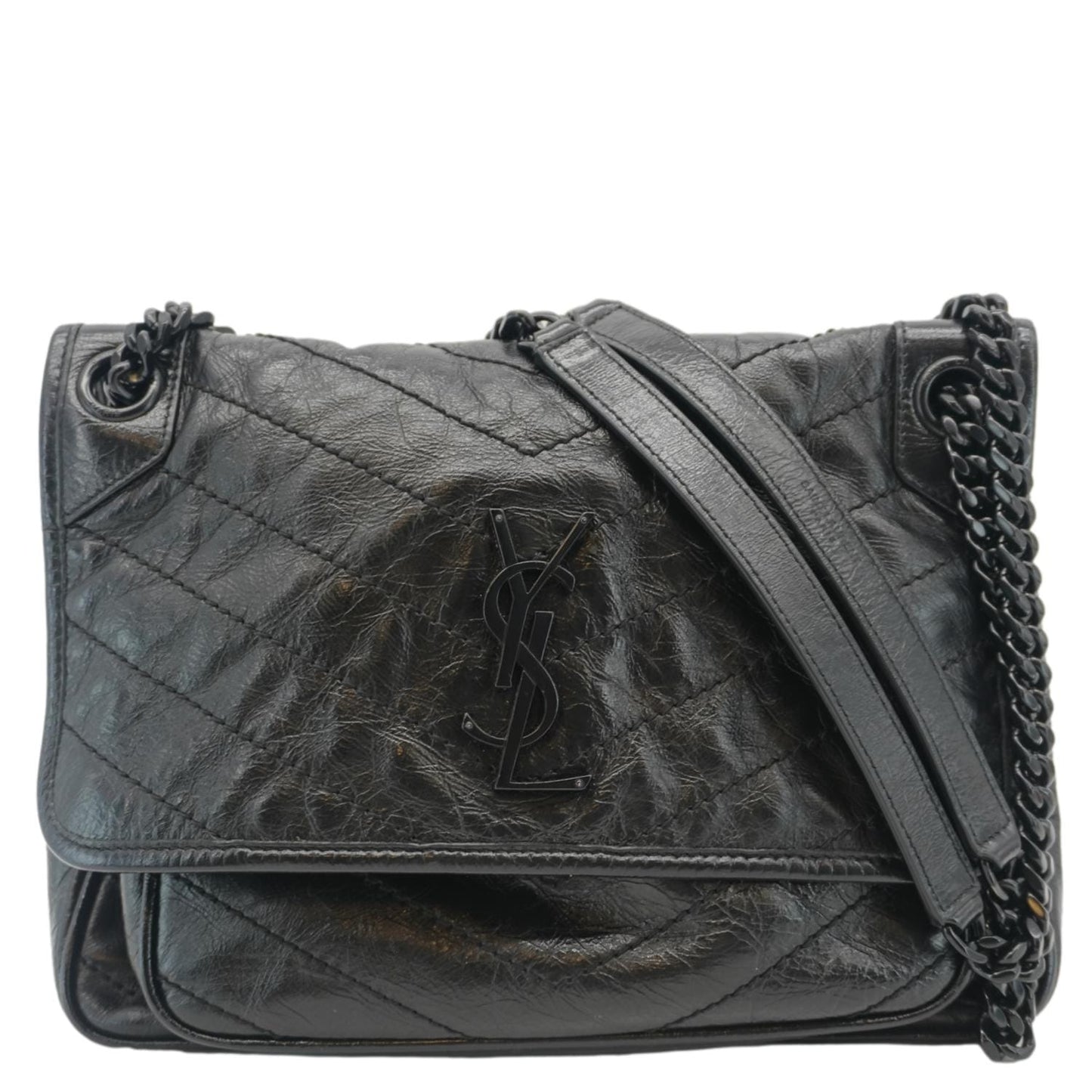SAINT LAURENT Niki Baby Crinkle Leather Shoulder Bag Black