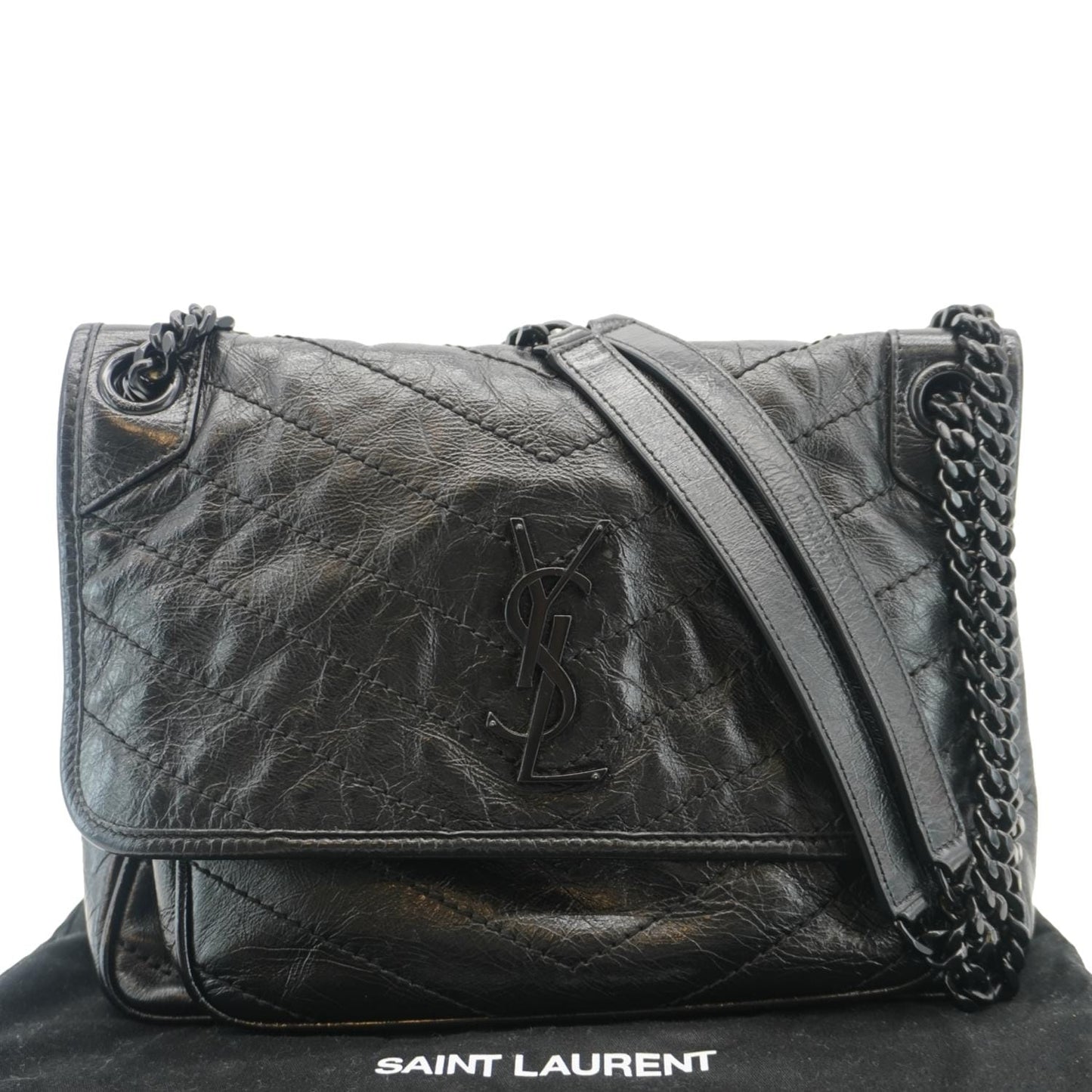 SAINT LAURENT Niki Baby Crinkle Leather Shoulder Bag Black