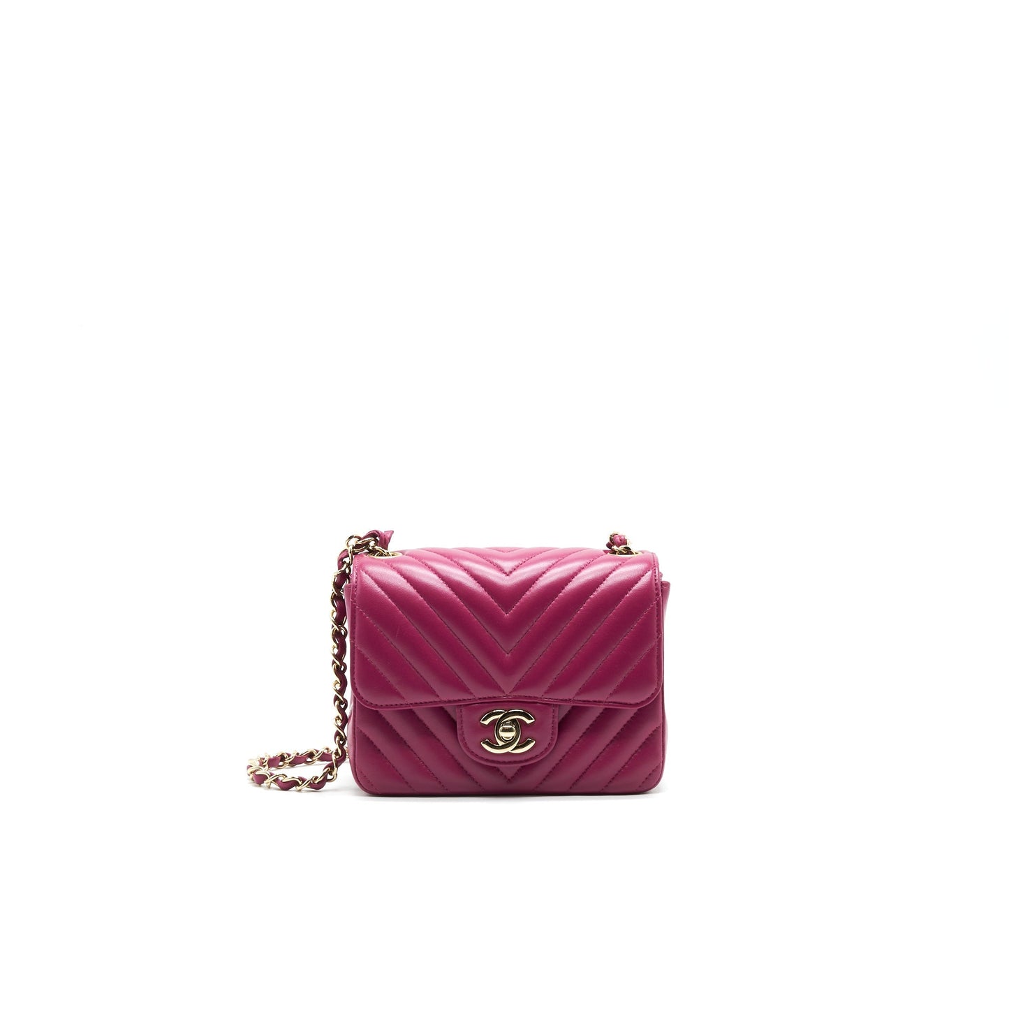 CHANEL MINI SQUARE CHEVRON RASPBERRY RED LAMBSKIN