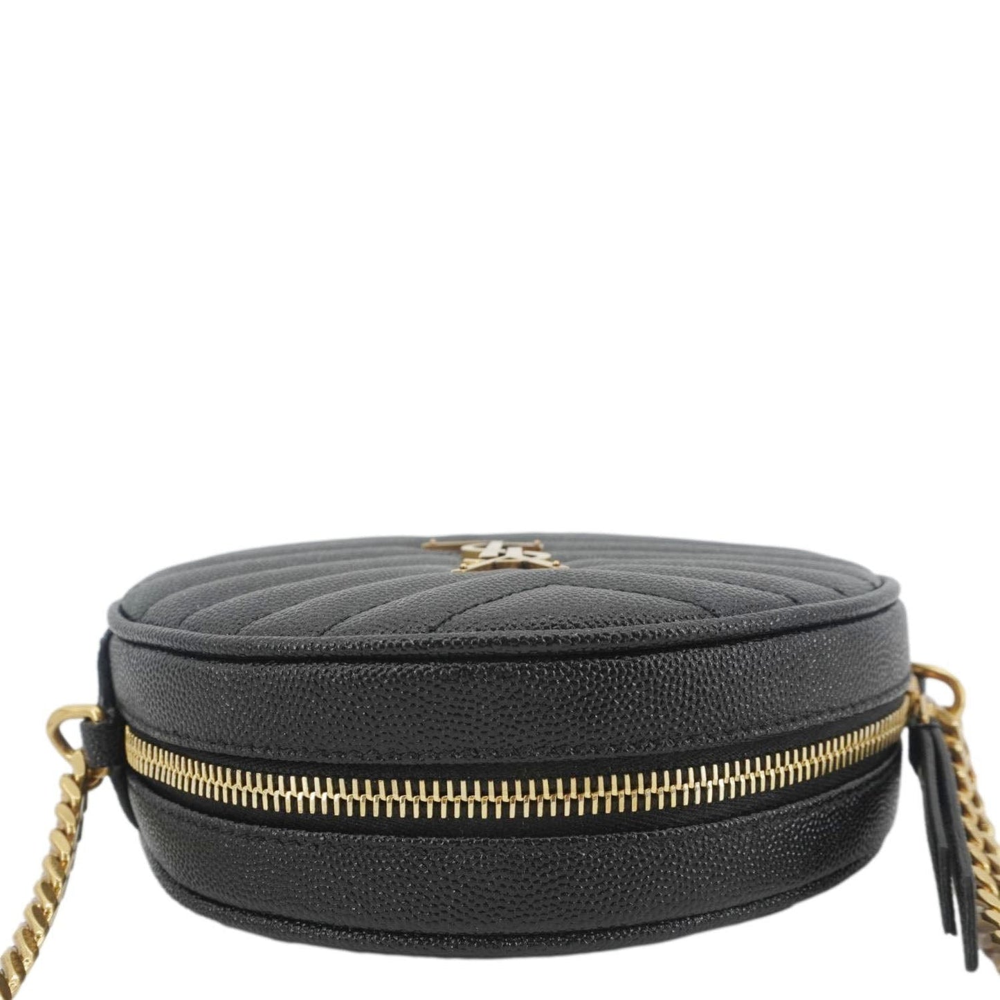 SAINT LAURENT Round Chevron Leather Camera Crossbody Bag Black