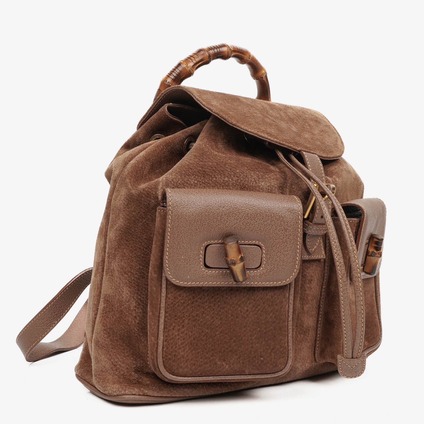 Gucci Vintage Brown Suede and Leather Bamboo Backpack