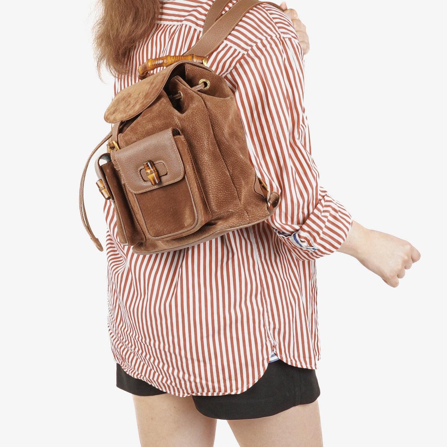 Gucci Vintage Brown Suede and Leather Bamboo Backpack