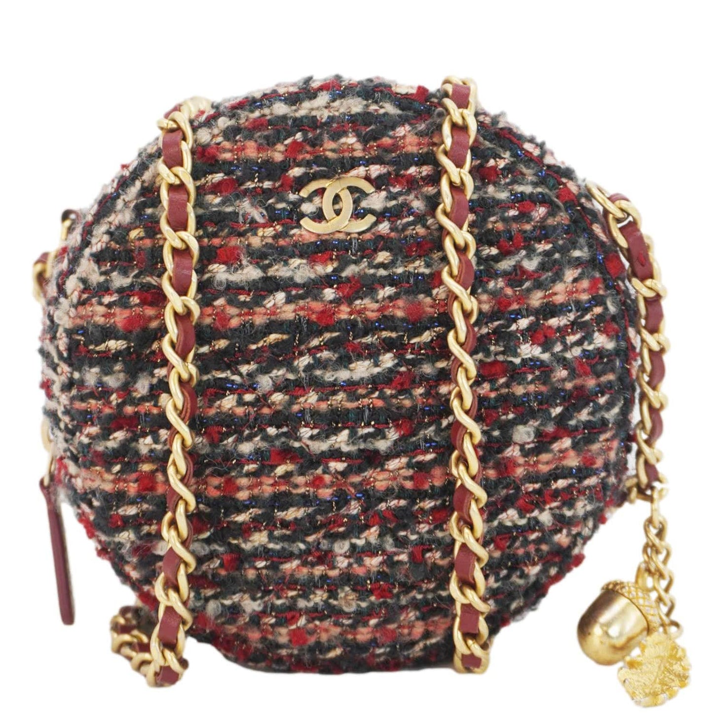 Chanel Round Tweed Chain Clutch Crossbody Bag Red