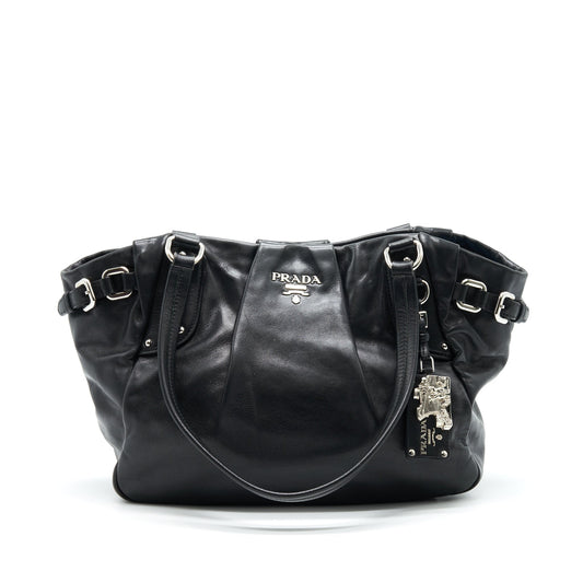 PRADA Prugna Soft Calfskin Leather Shopping Tote Bag Black