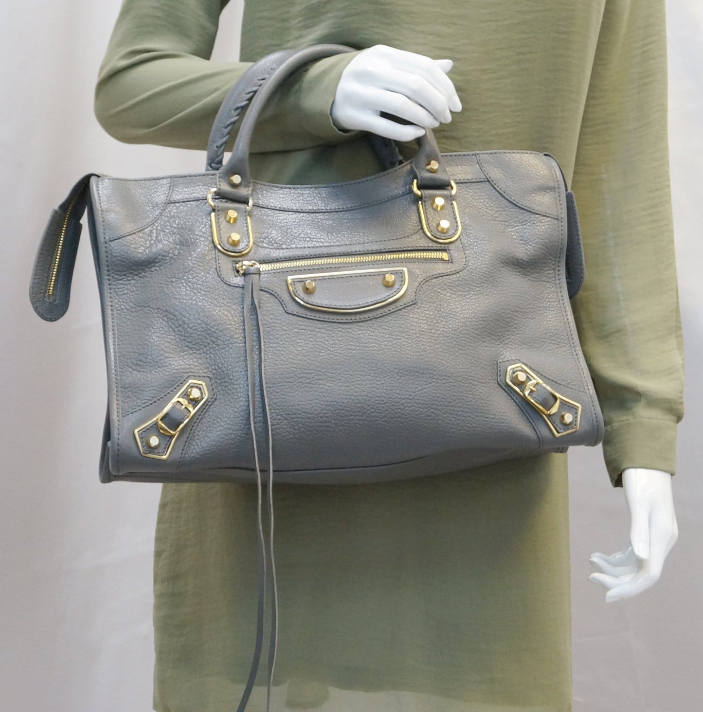 BALENCIAGA Grey Leather Metallic Edge City Shoulder Handbag
