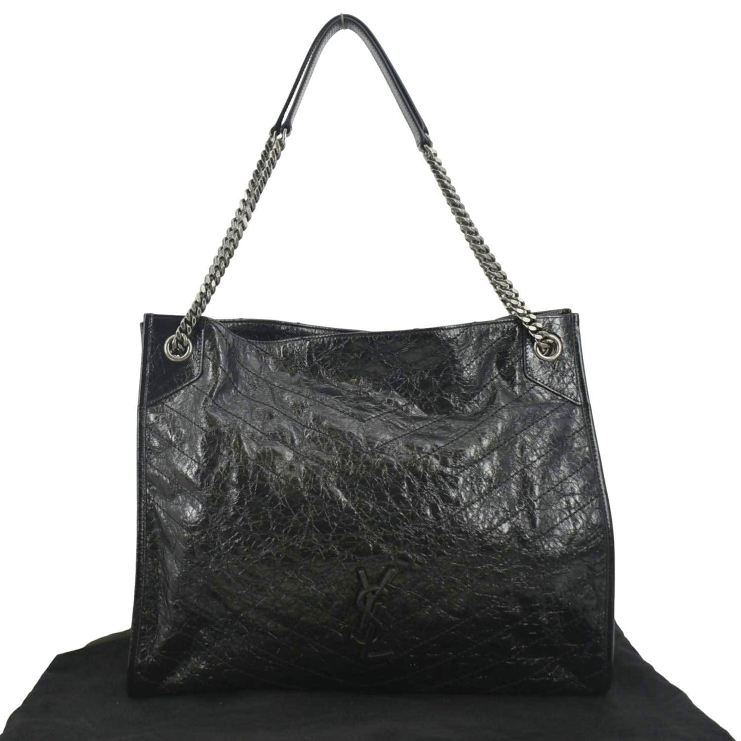 SAINT LAURENT Niki Large Crinkle Leather Shopper Tote Bag Black