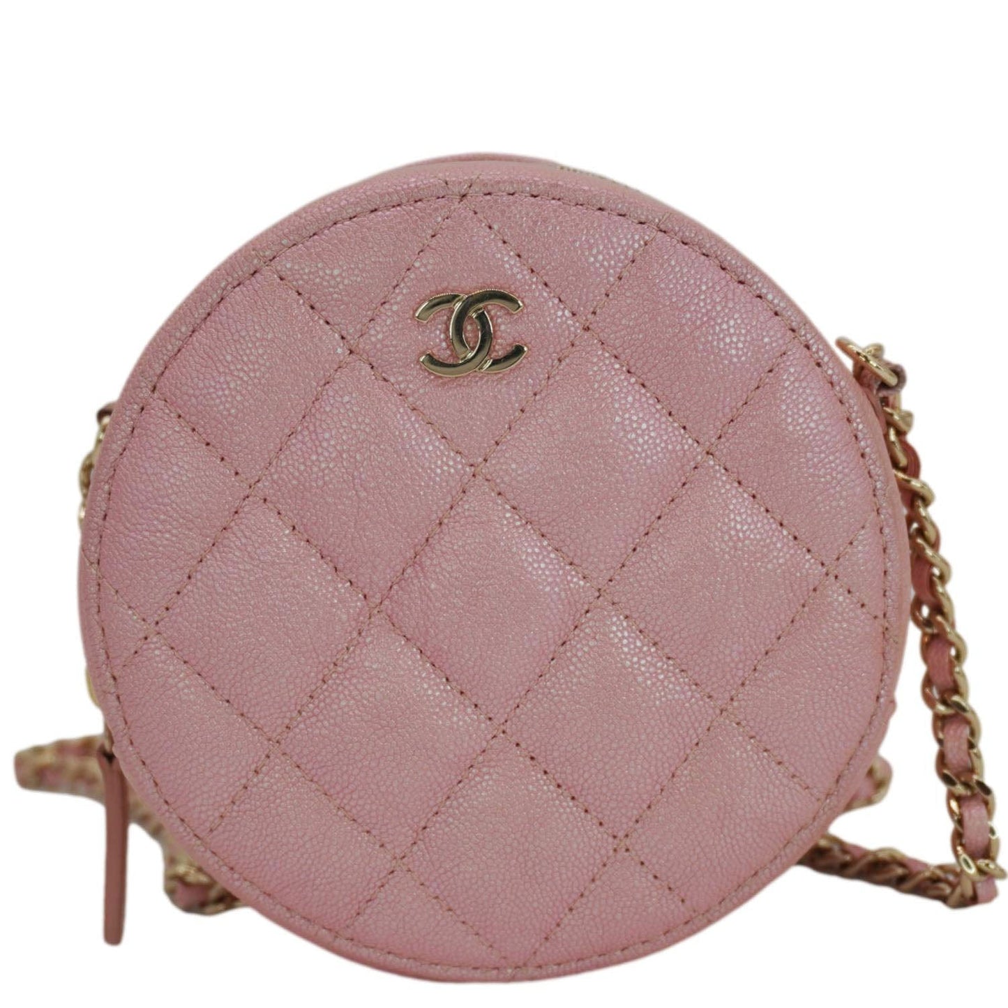Chanel Round Quilted Iridescent Caviar Leather Clutch Crossbody Bag Pink