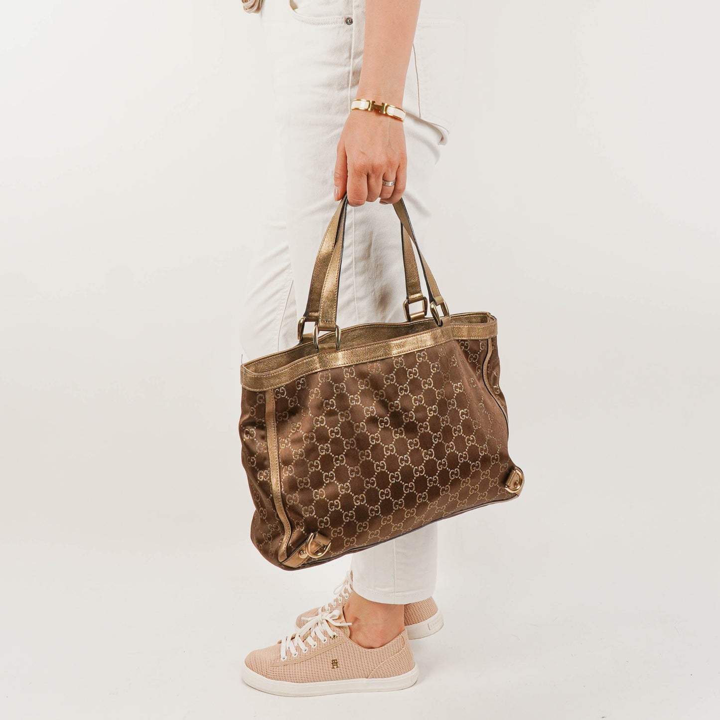 Gucci GG Canvas Satin Brown Abbey D-Ring Tote Bag
