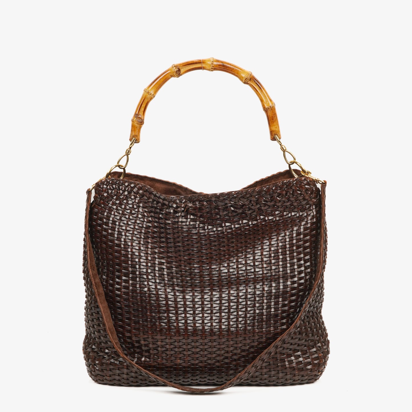 Gucci Brown Woven Leather Bamboo Top Handle Bag
