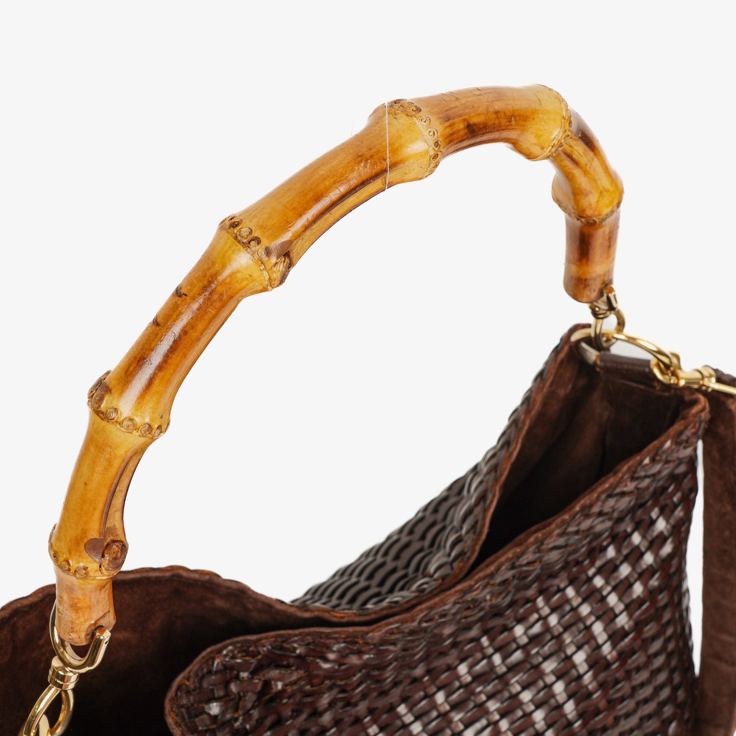 Gucci Brown Woven Leather Bamboo Top Handle Bag