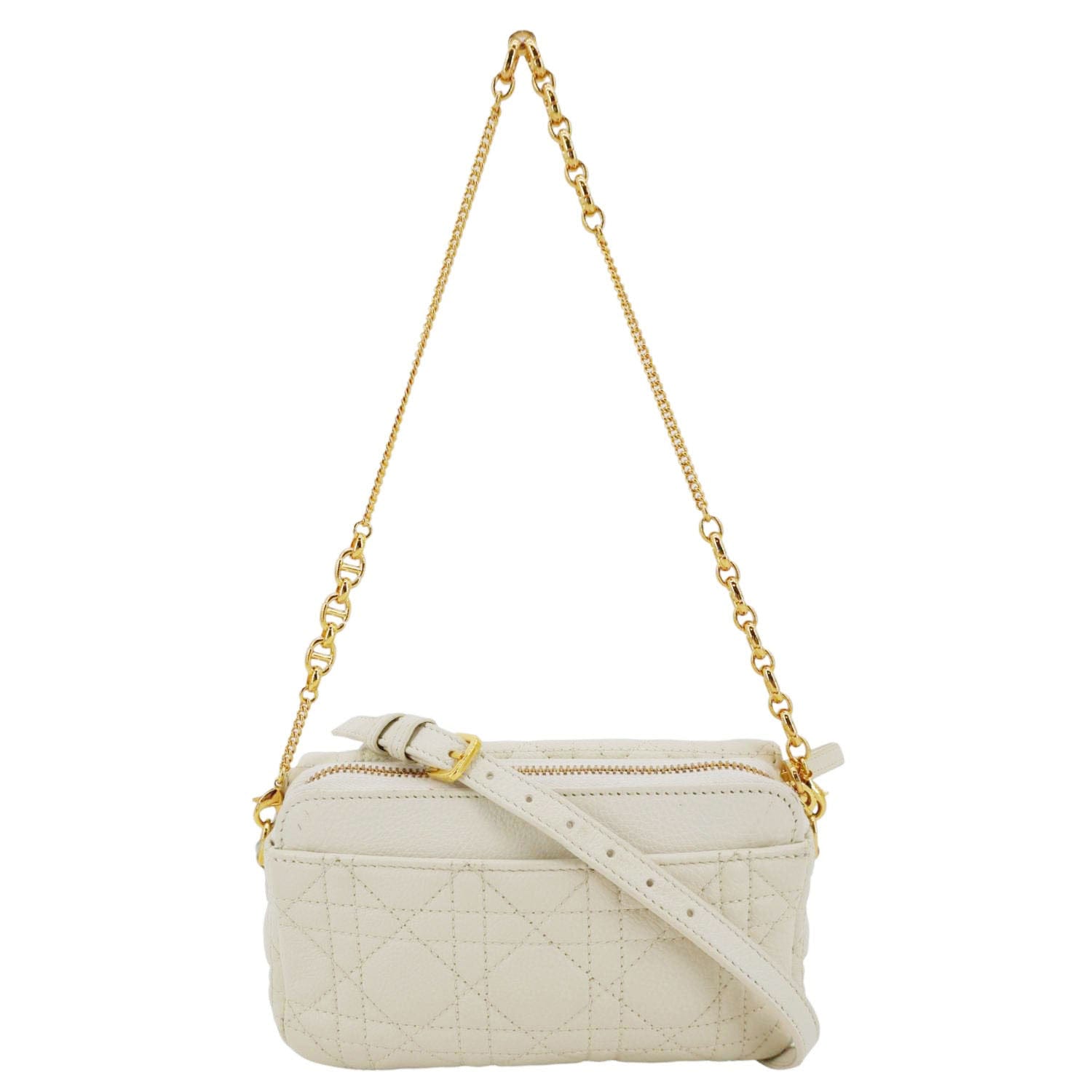 CHRISTIAN DIOR Caro Supple Cannage Calfskin Leather Chain Shoulder Bag Ivory