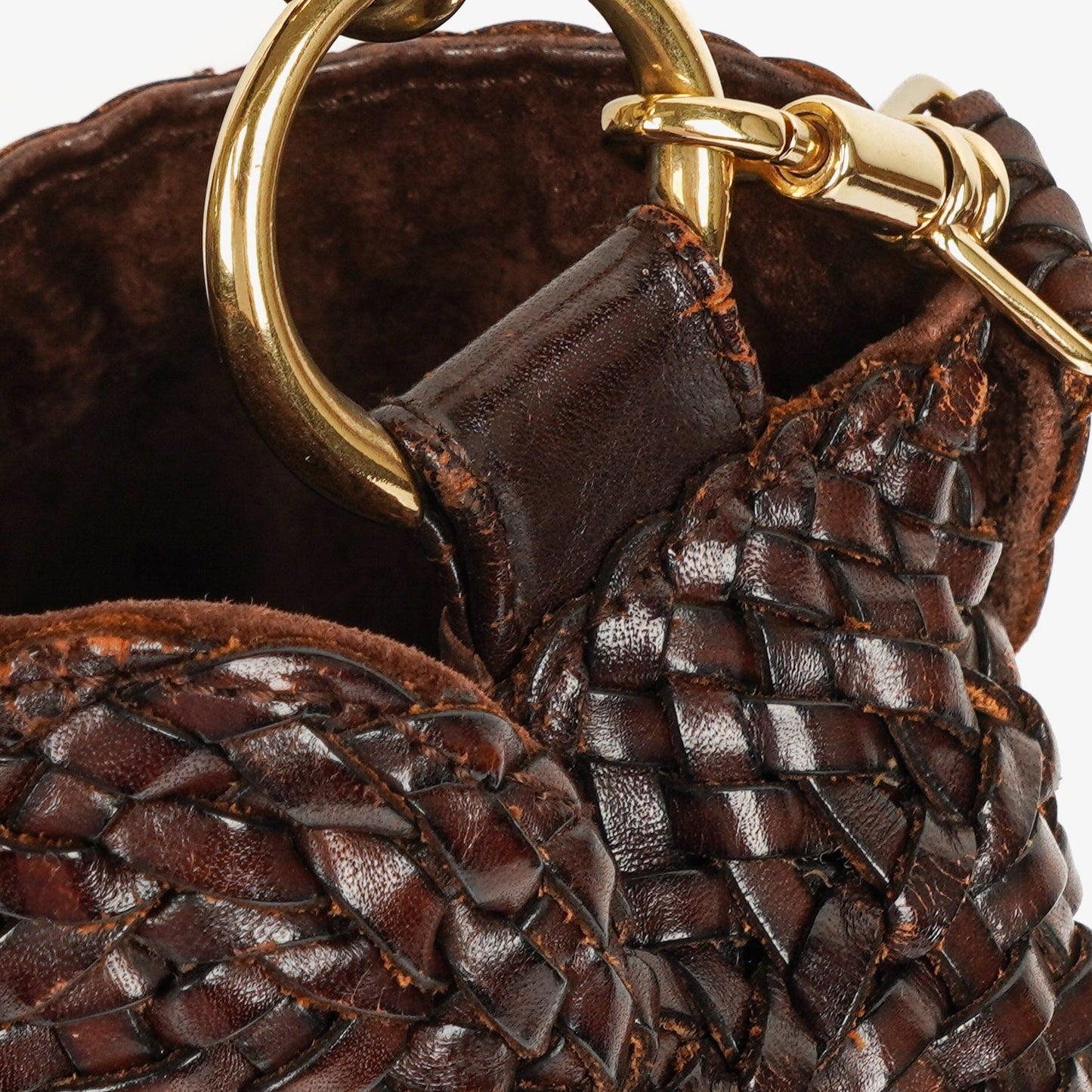 Gucci Brown Woven Leather Bamboo Top Handle Bag