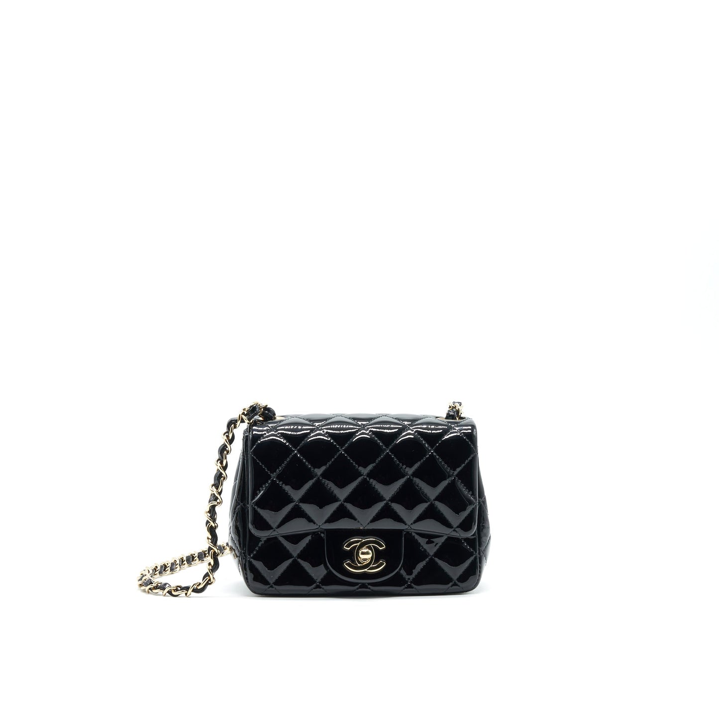 CHANEL MINI SQUARE FLAP BAG QUILTED PATENT LEATHER BLACK