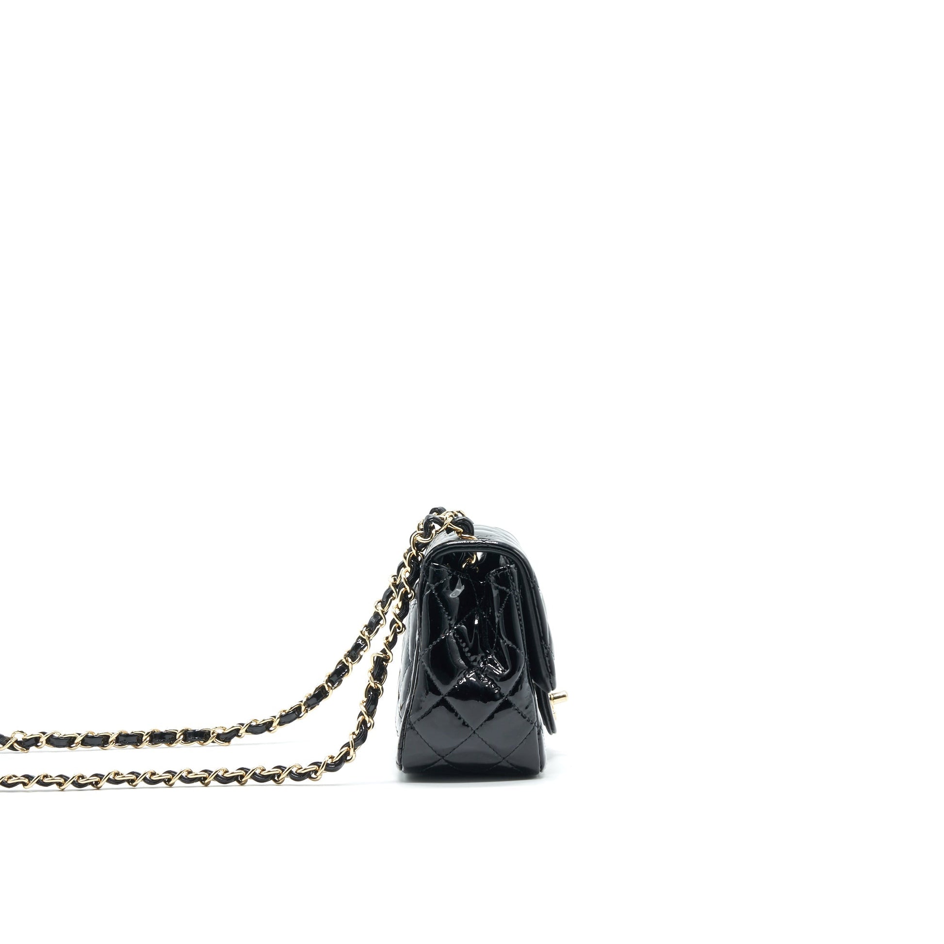 CHANEL MINI SQUARE FLAP BAG QUILTED PATENT LEATHER BLACK