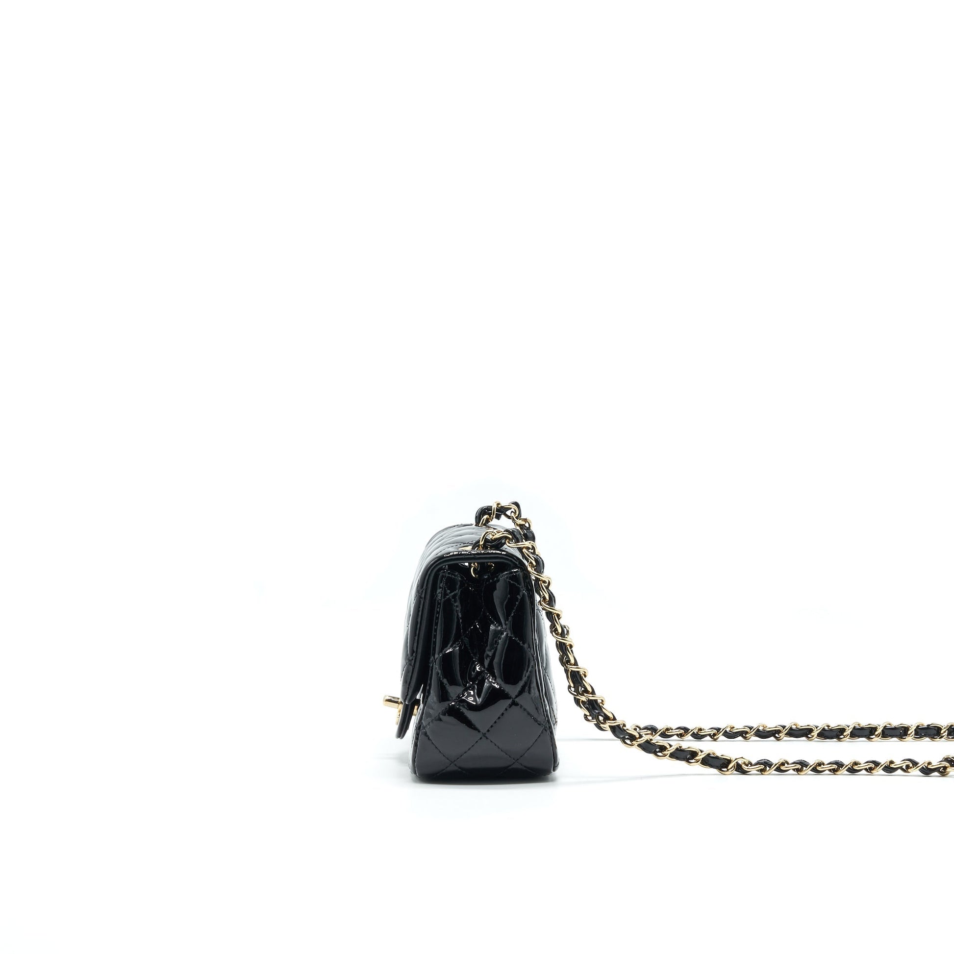 CHANEL MINI SQUARE FLAP BAG QUILTED PATENT LEATHER BLACK