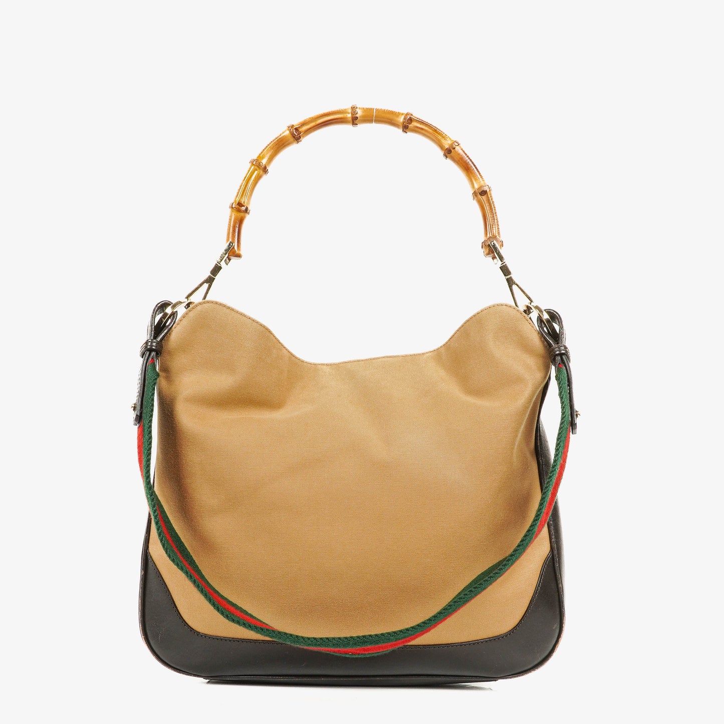 Gucci Bamboo Top Handle Beige Canvas Brown Lerahter Hobo Bag