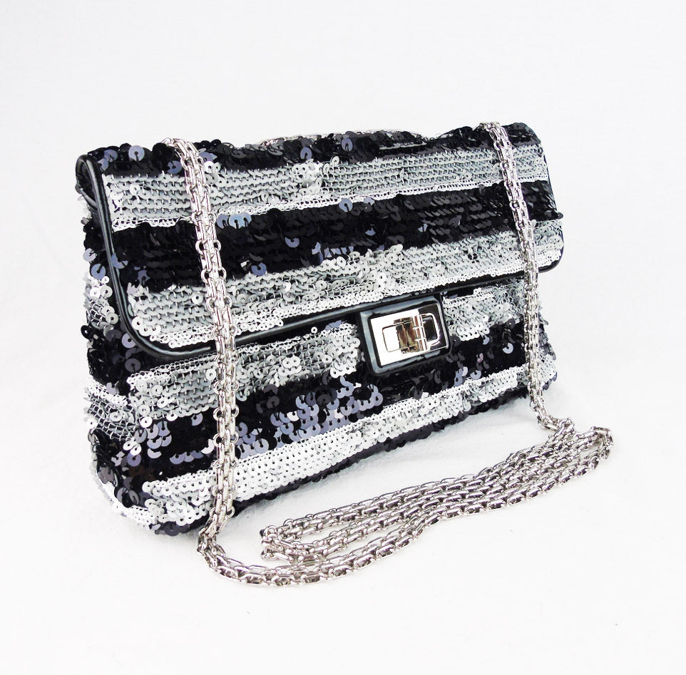 Chanel black and silver striped sequin 10 flap Bag
