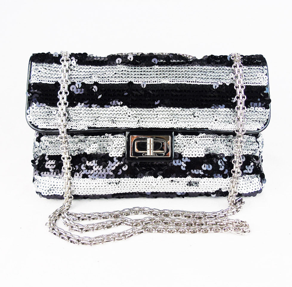 Chanel black and silver striped sequin 10 flap Bag