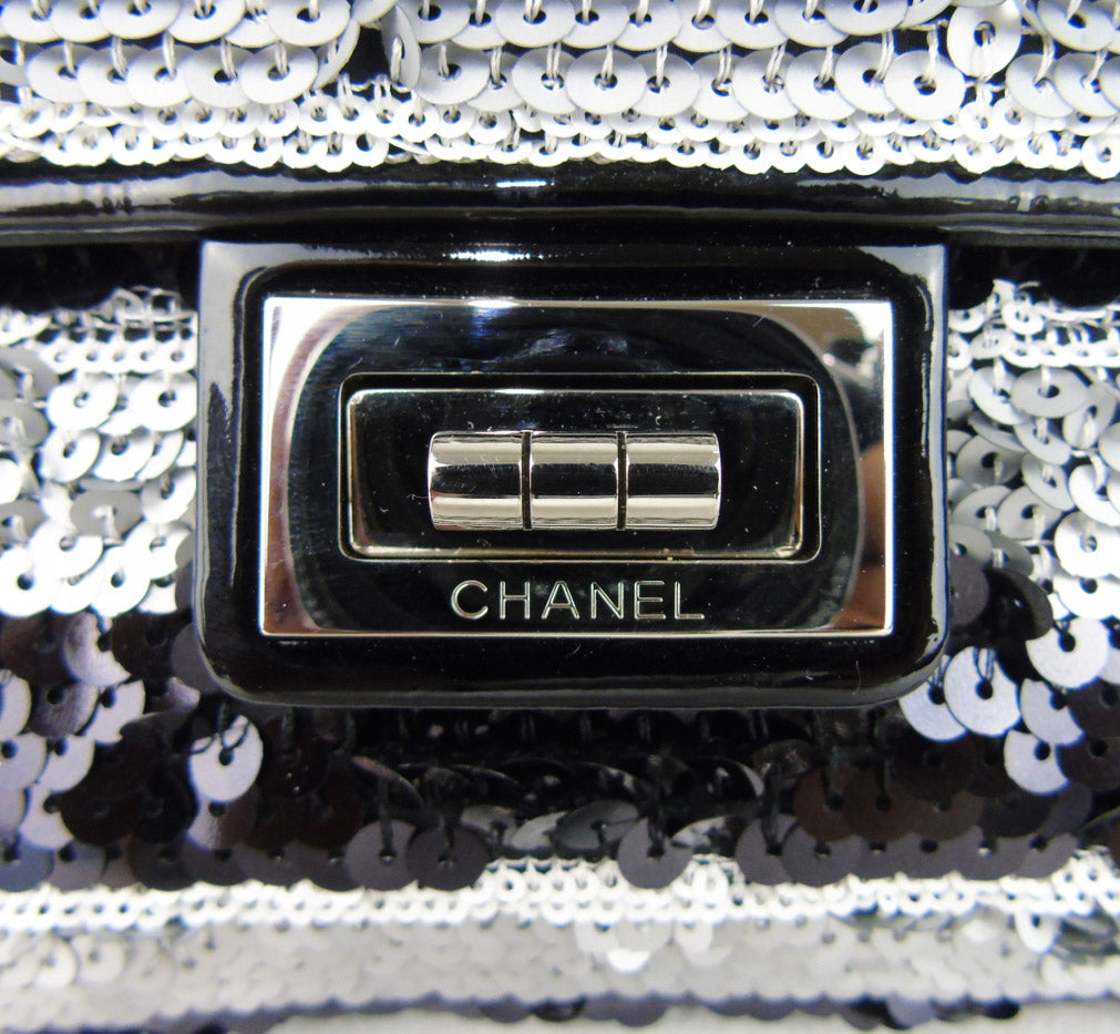 Chanel black and silver striped sequin 10 flap Bag