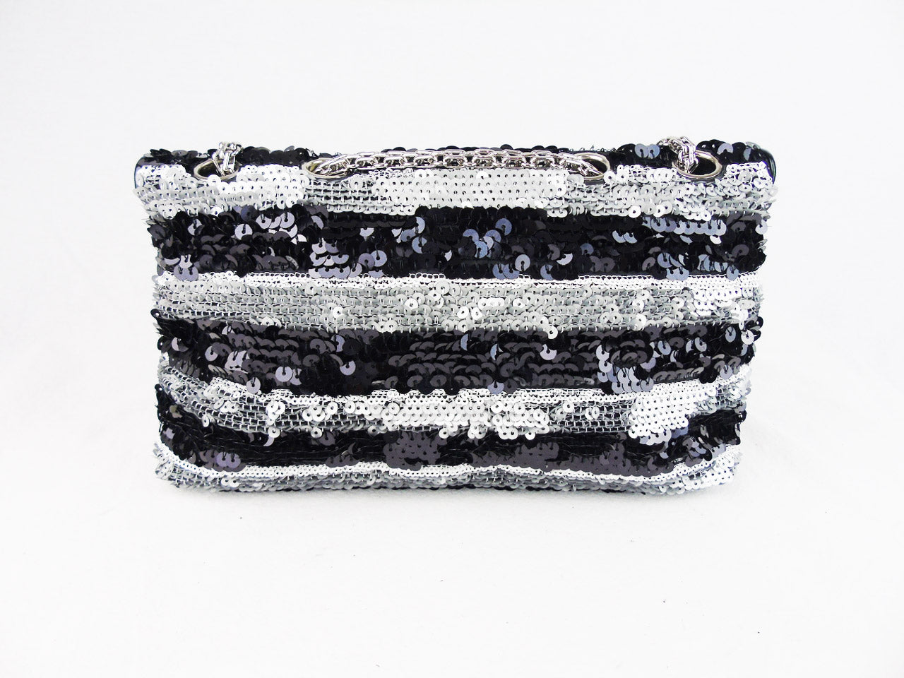 Chanel black and silver striped sequin 10 flap Bag