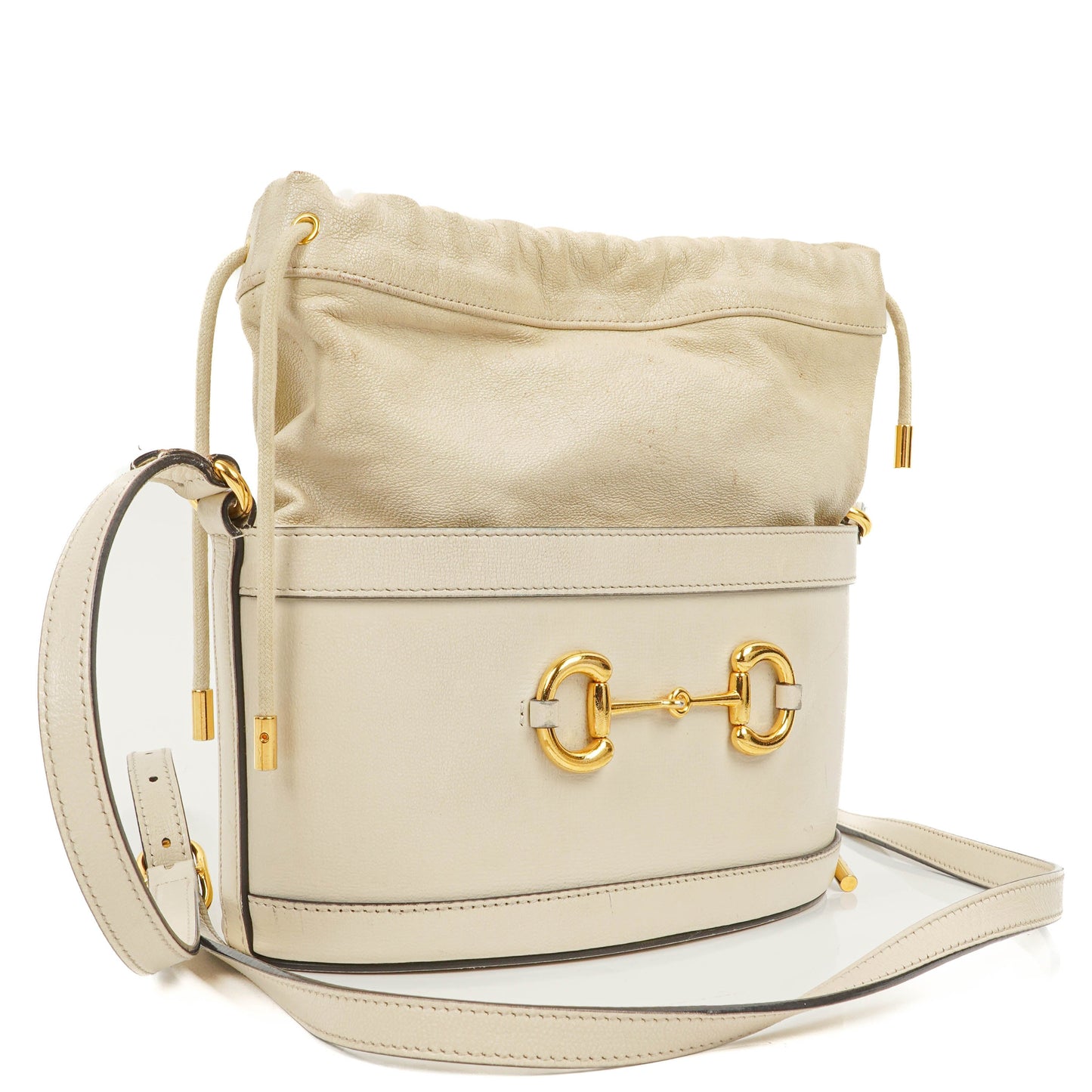 Gucci Horsebit 1955 Azalea Sakai Calfskin Mystic White Drawstring Bucket Bag