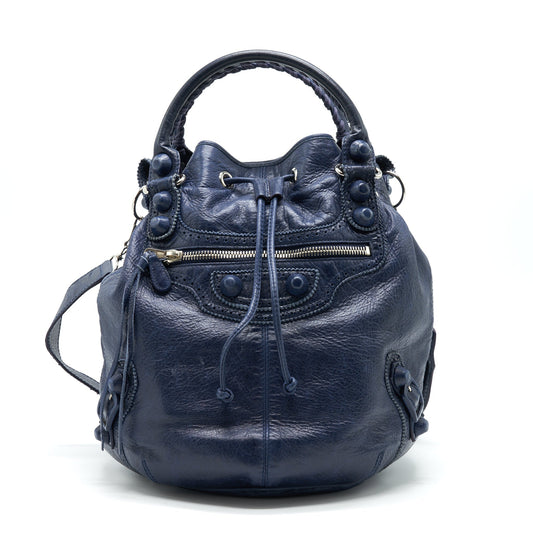 Balenciaga Giant Pompon Bucket Purse Navy