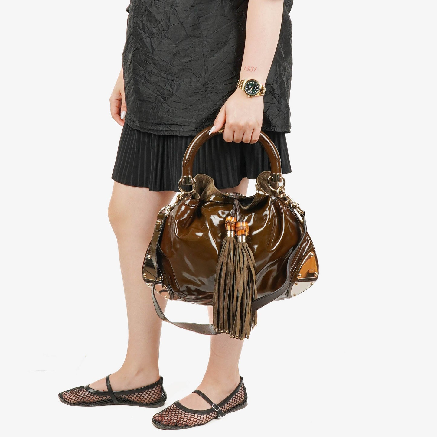 Gucci Brown Patent Leather Indy Top Handle Bag