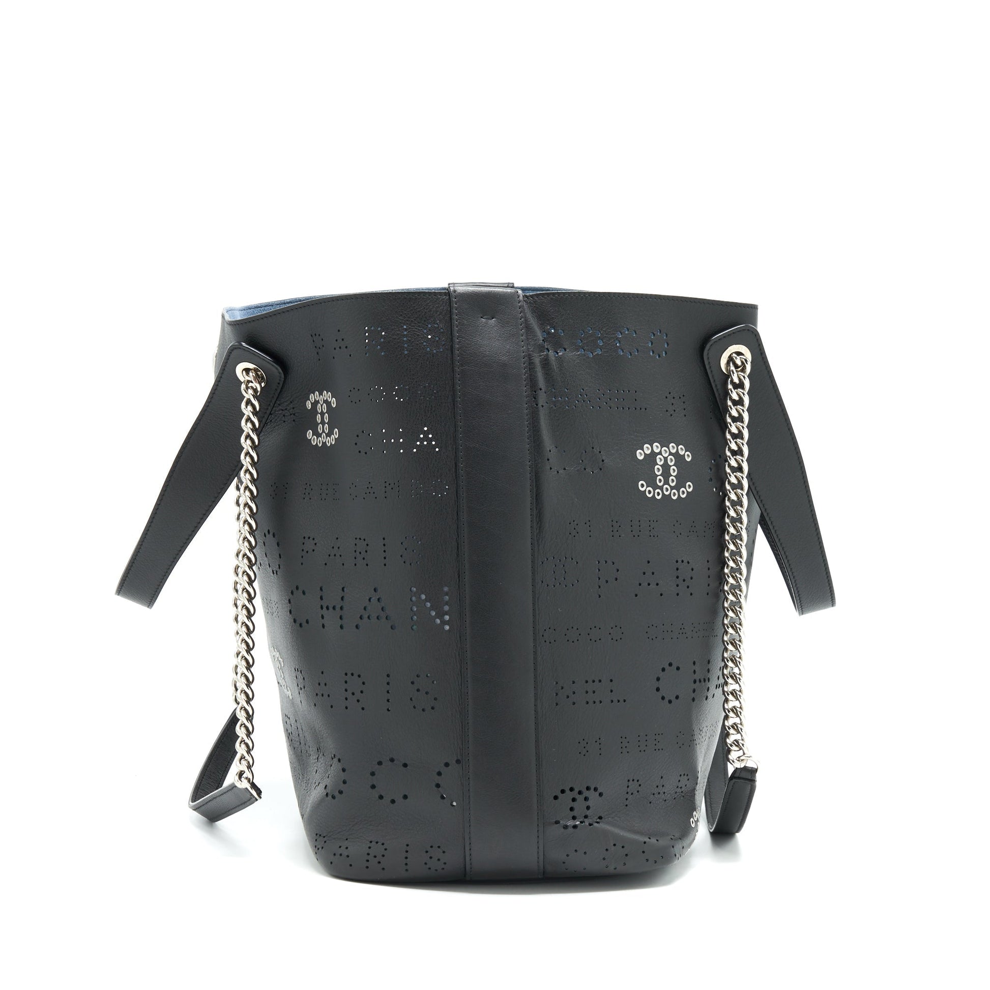 Chanel Eyelet Logo Calfskin Tote Bag Black/ Blue
