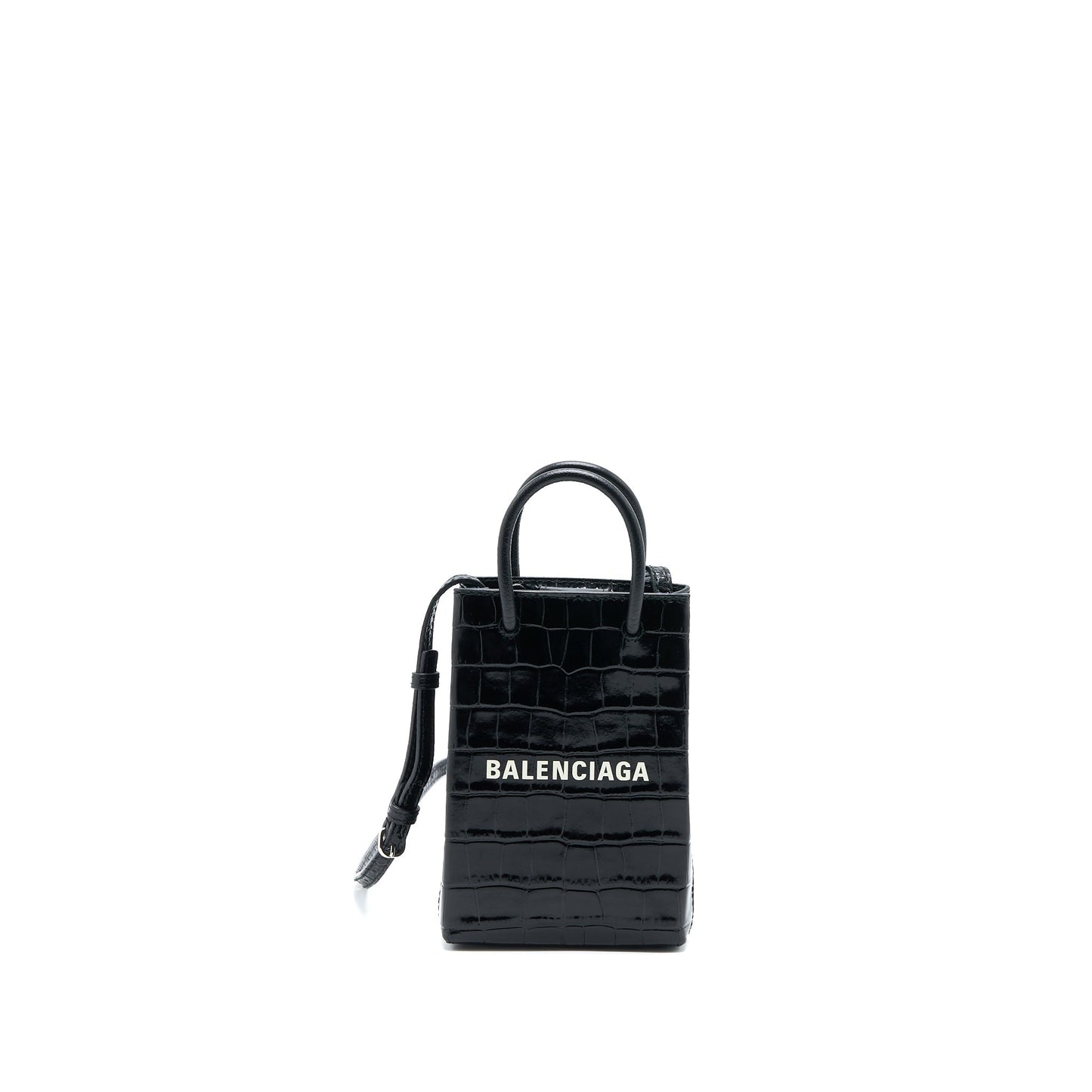 Balenciaga Mini Shopping Phone Pouch Coro-Emboss Calfskin Black