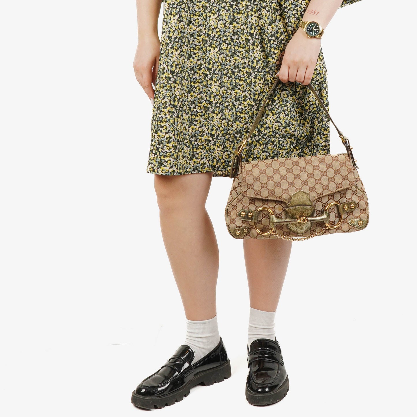 Gucci Beige/Metalic GG Canvas Horsebit Shoulder Bag