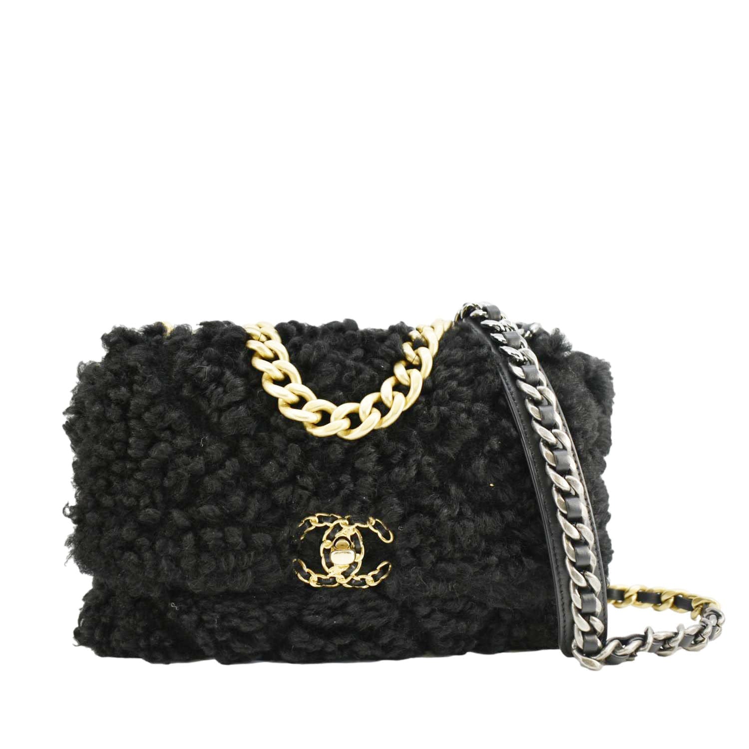 Chanel Shearling 19 Flap Medium Sheepskin Shoulder Bag Black