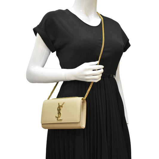 SAINT LAURENT Kate Leather Chain Clutch Crossbody Bag Cream