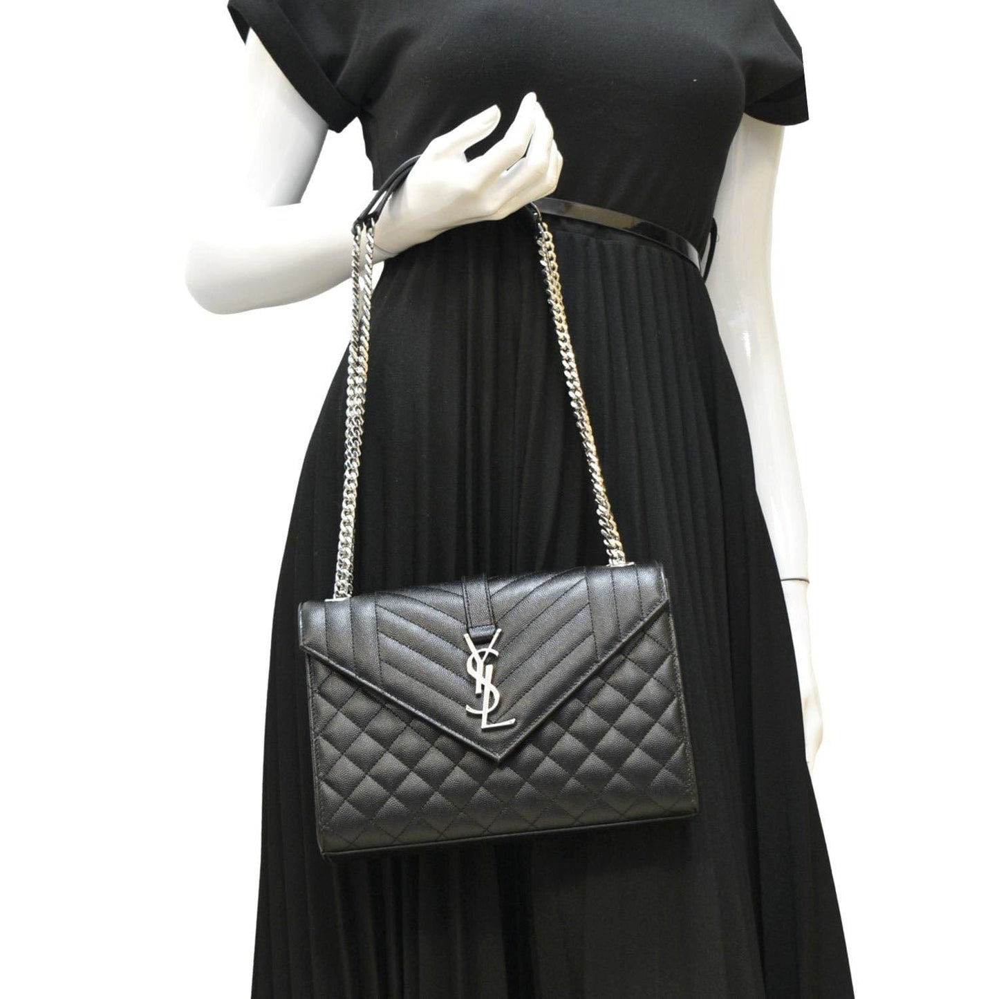SAINT LAURENT Envelope Mix MatelassÃÂ© Chain Leather Shoulder Bag Black