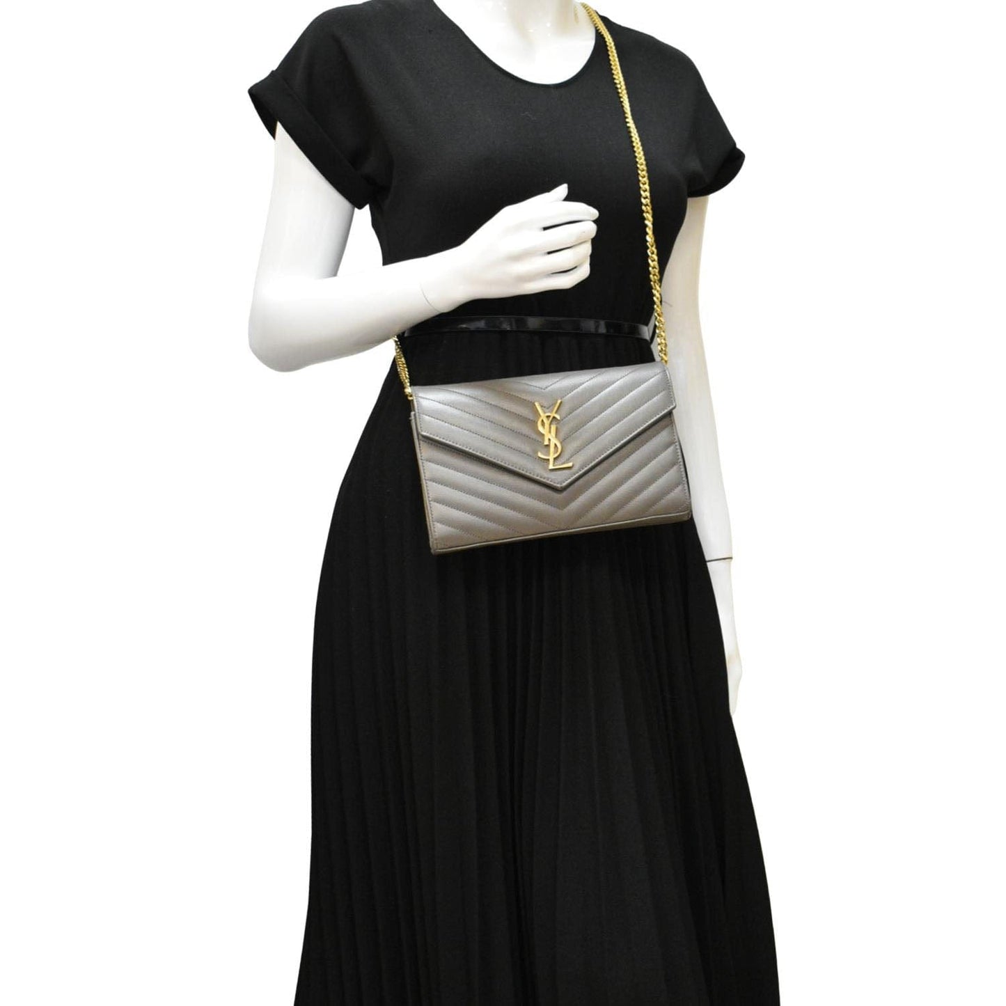 SAINT LAURENT Kate Leather Chain Clutch Crossbody Bag Grey