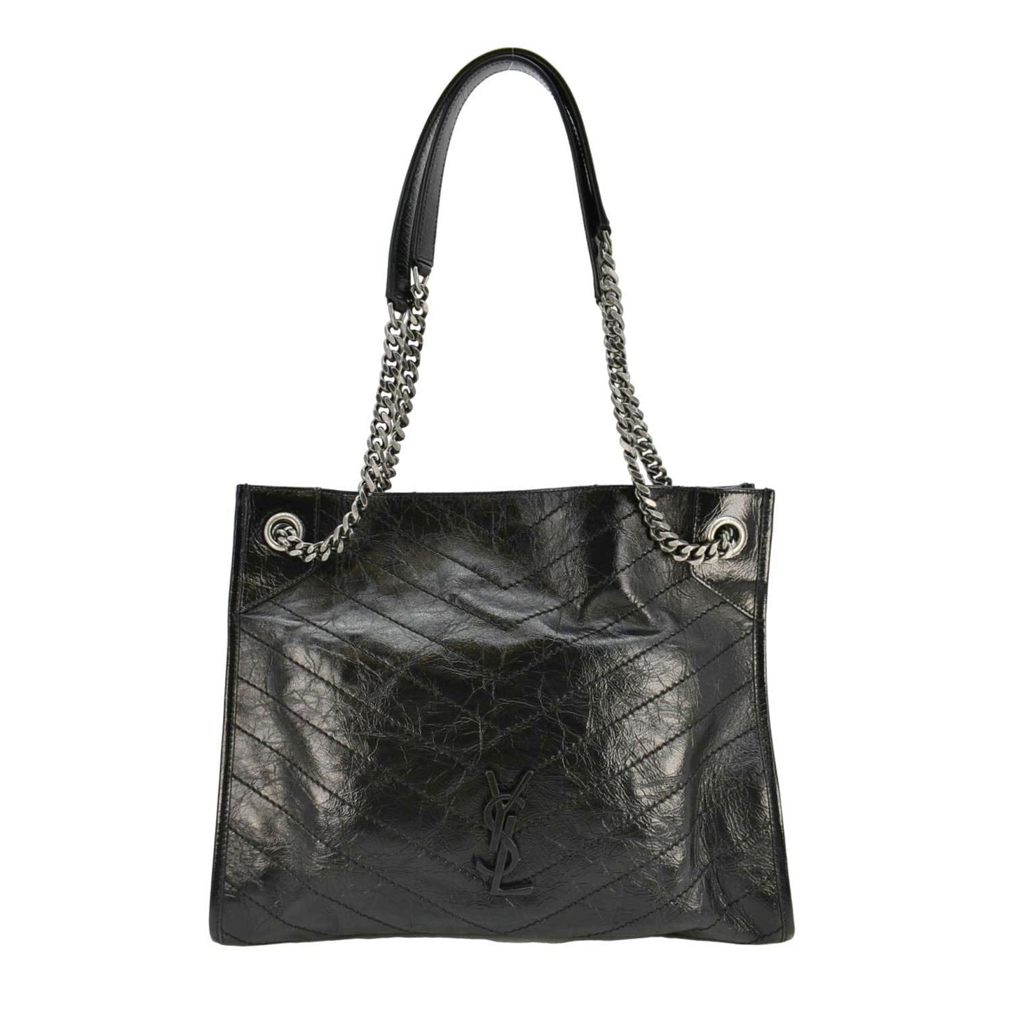 SAINT LAURENT Niki Crinkle Leather Shopper Tote Bag Black