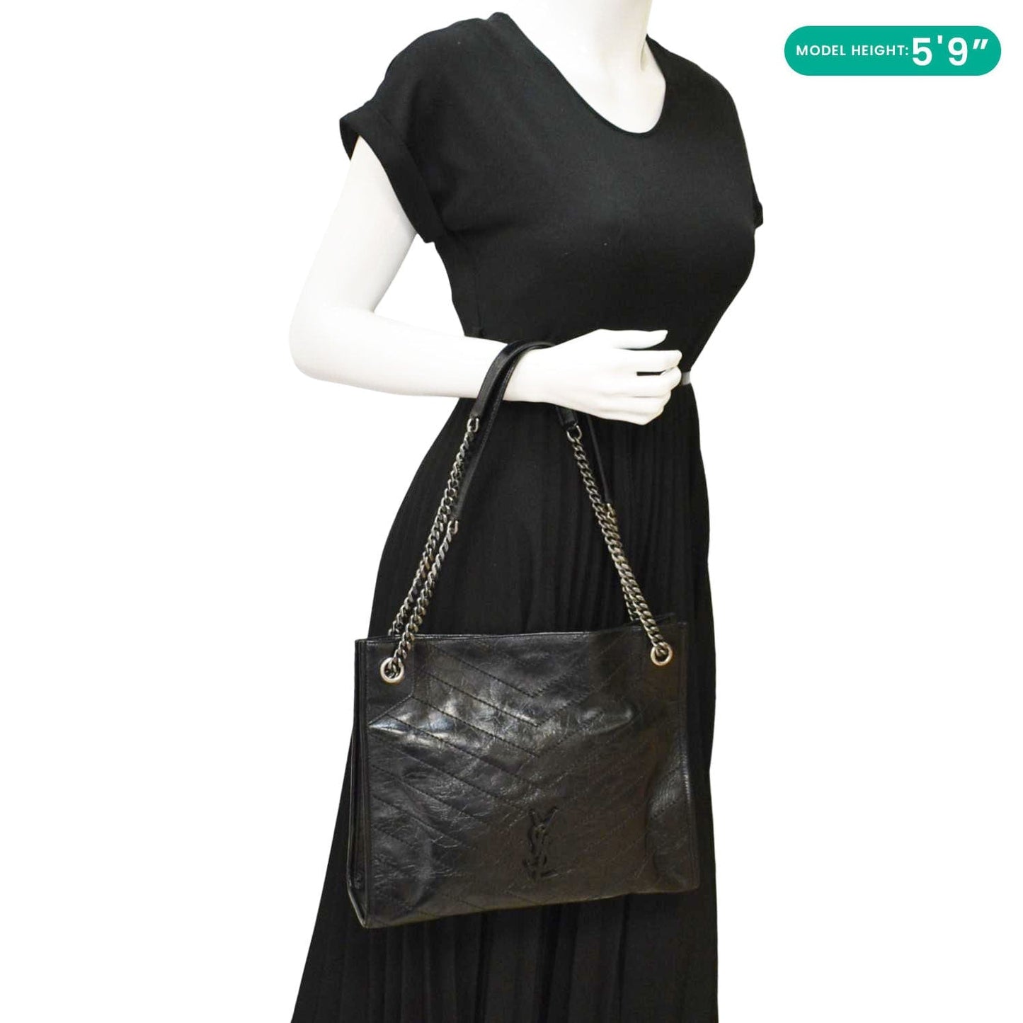 SAINT LAURENT Niki Crinkle Leather Shopper Tote Bag Black