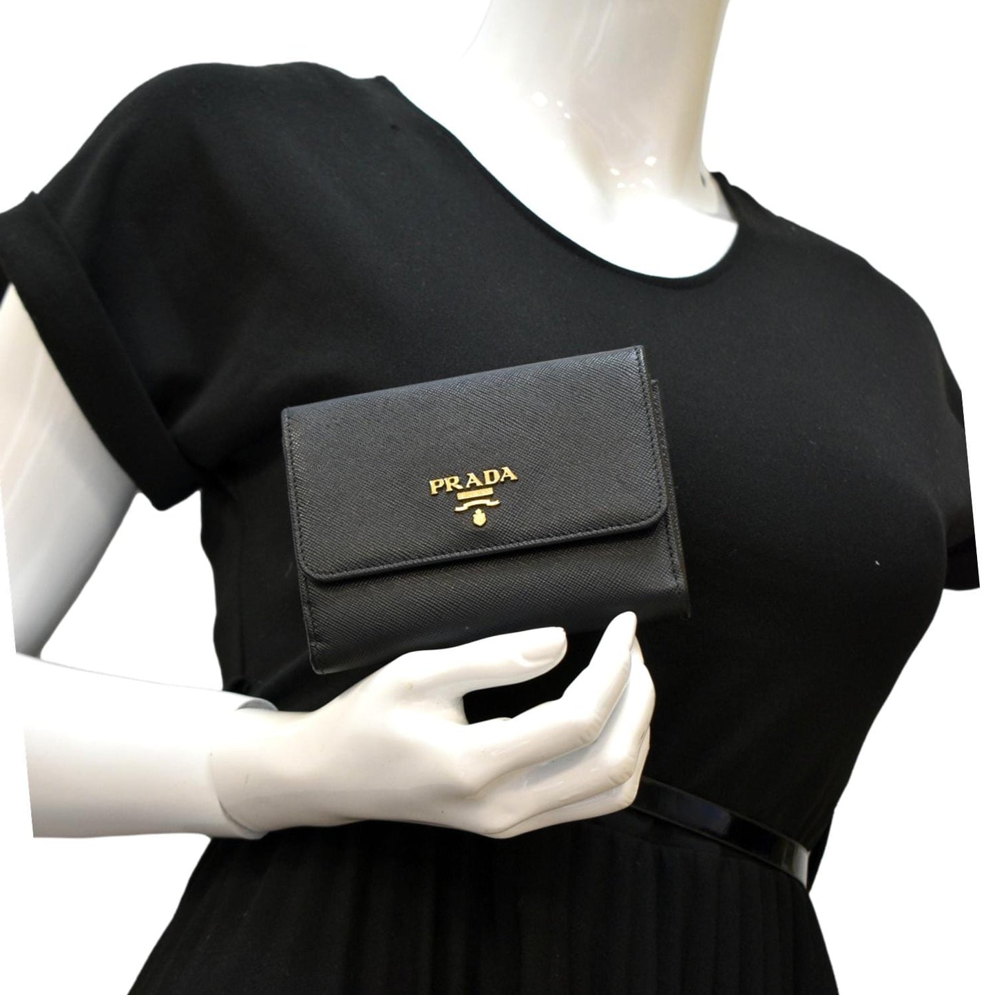 PRADA Fold Over Saffiano Leather Wallet Black