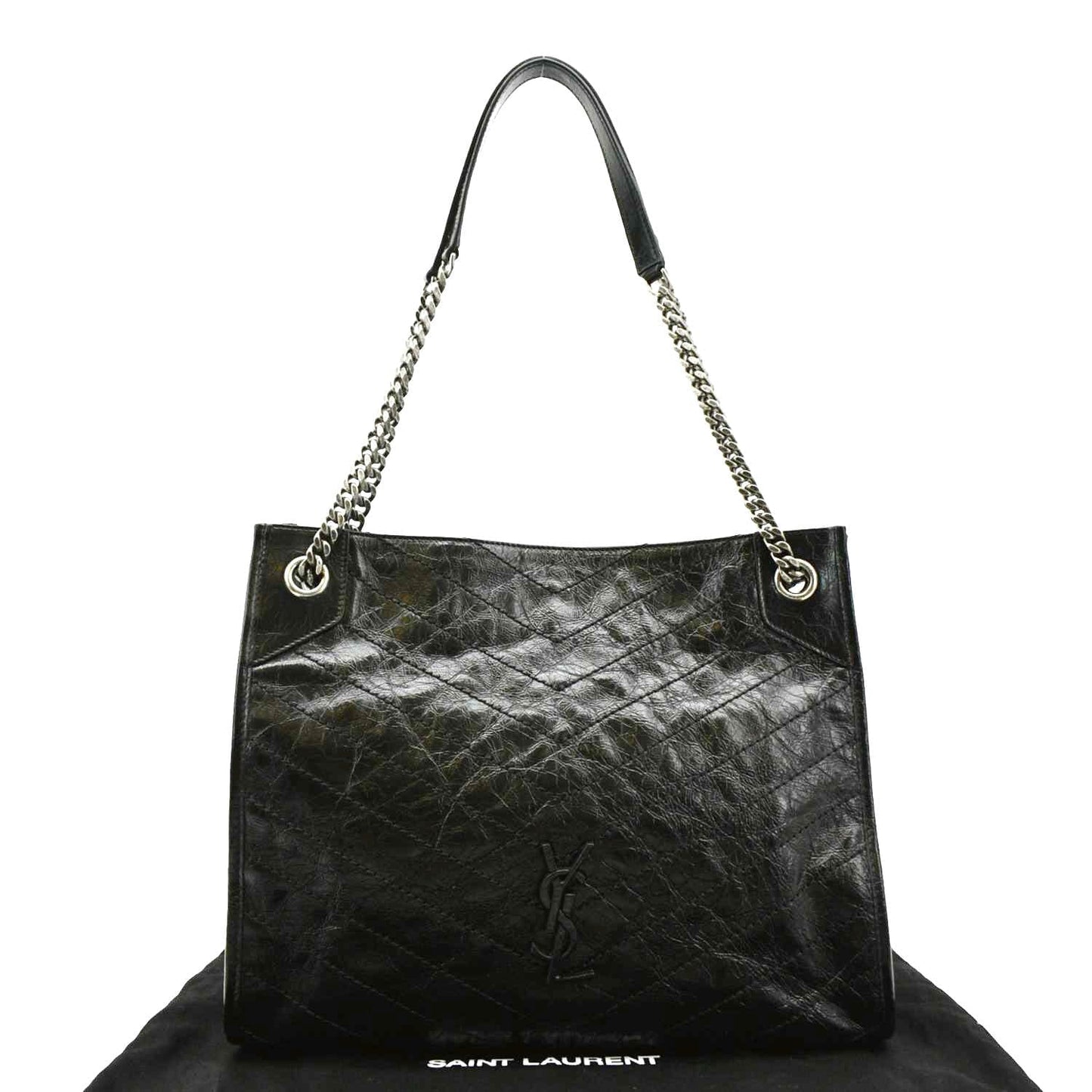 SAINT LAURENT Niki Medium Crinkle Leather Shoulder Bag Black