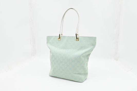 Gucci Tote in Teal GG Canvas and White Leather