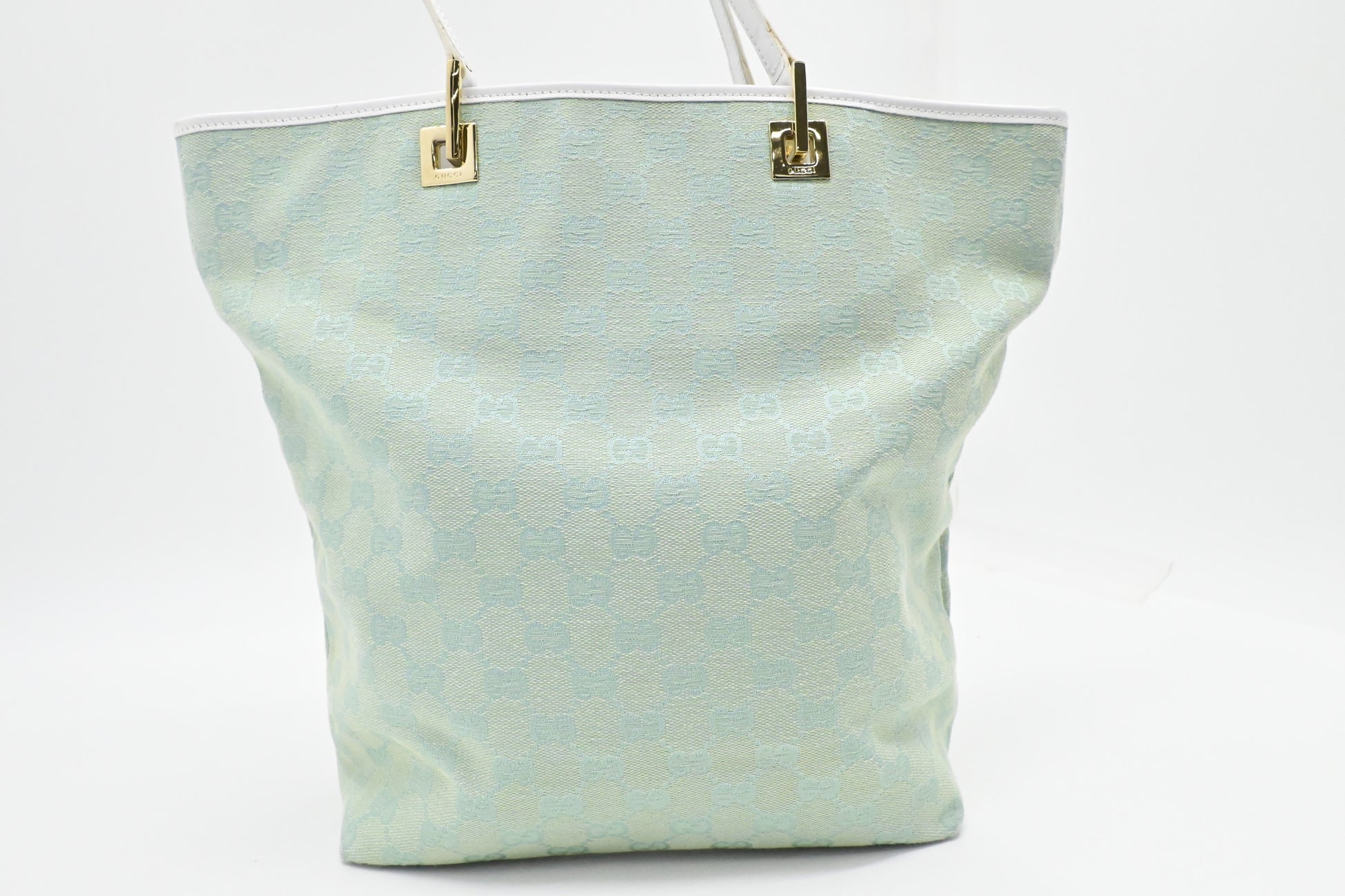 Gucci Tote in Teal GG Canvas and White Leather