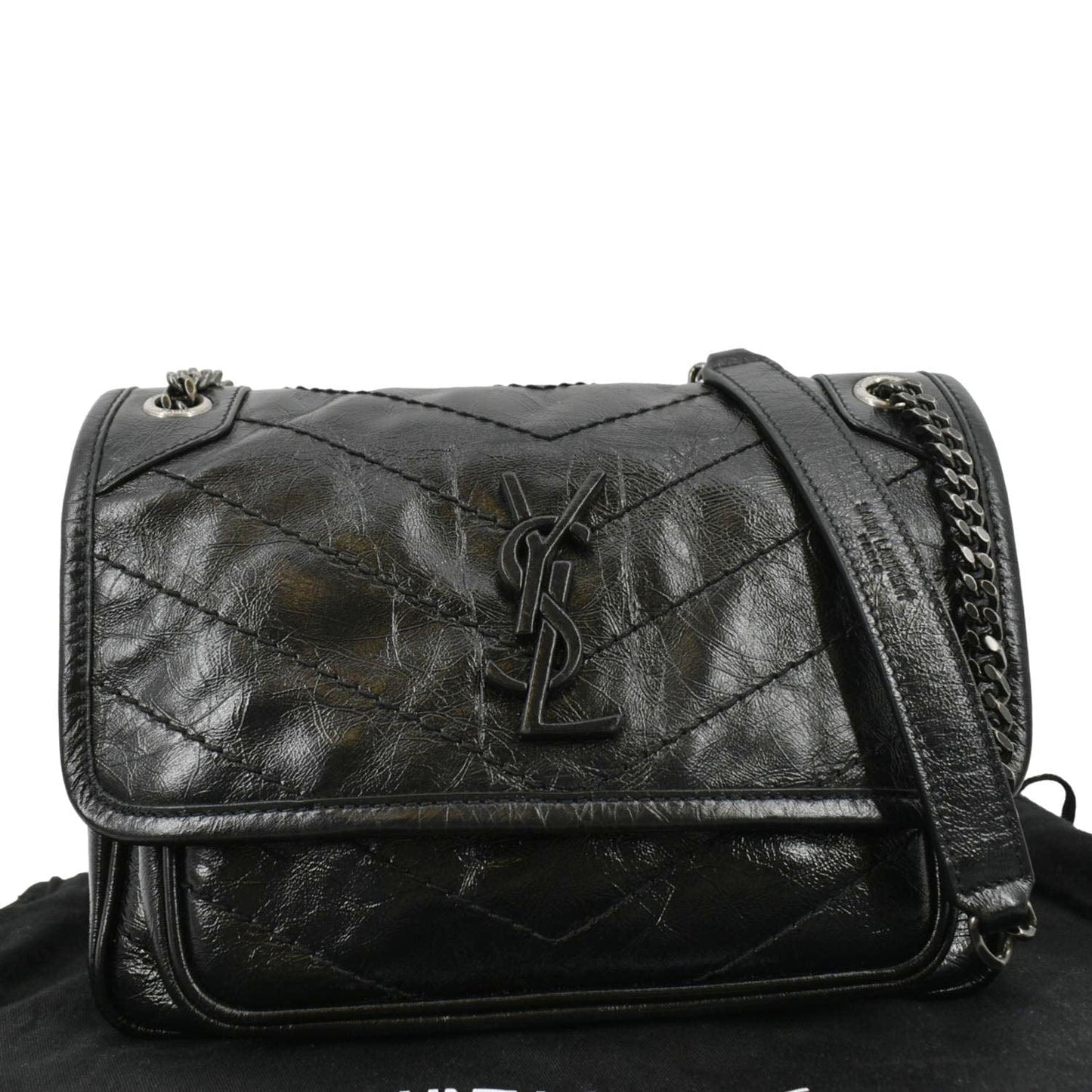 SAINT LAURENT Niki Baby Crinkle Leather Shoulder Bag Black