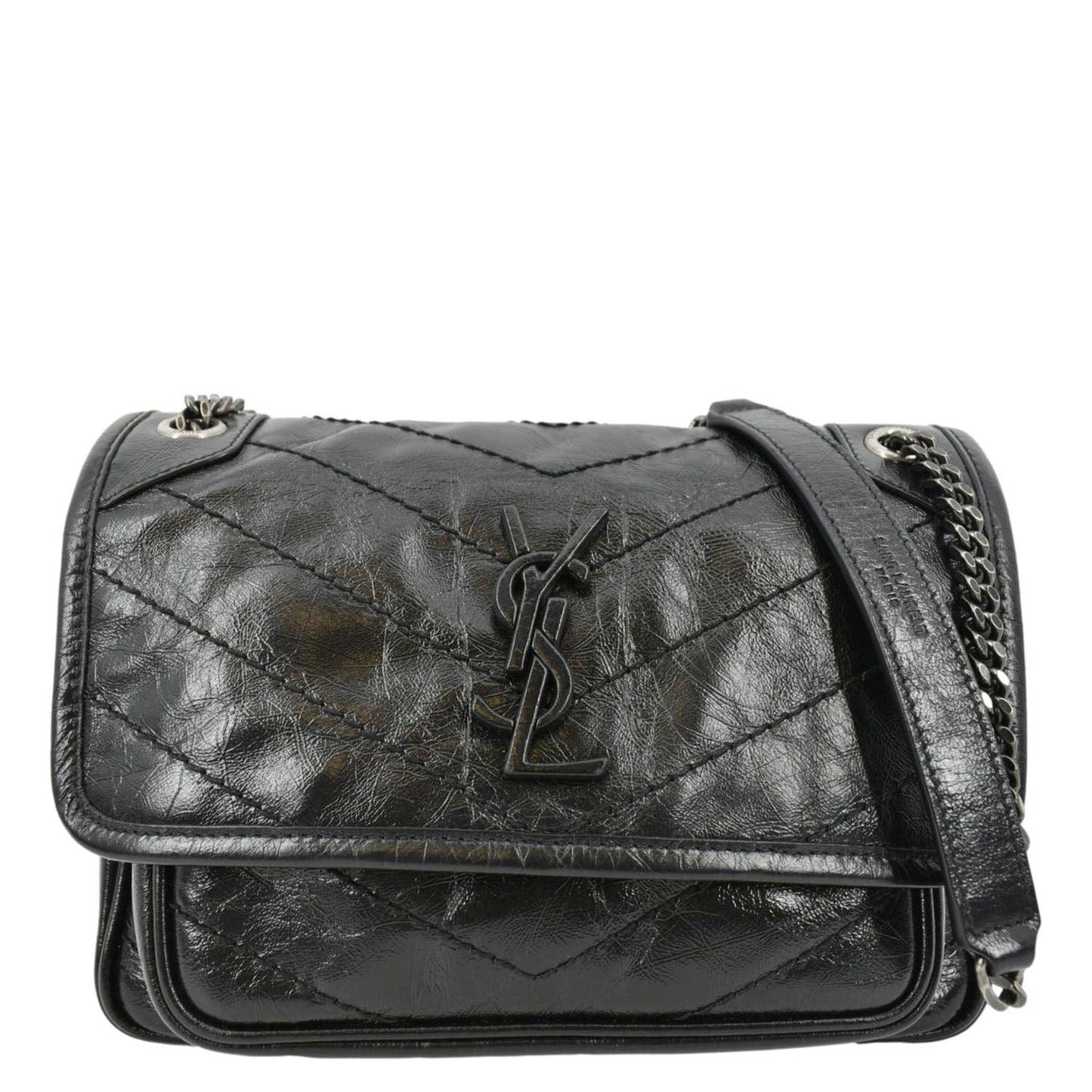 SAINT LAURENT Niki Baby Crinkle Leather Shoulder Bag Black